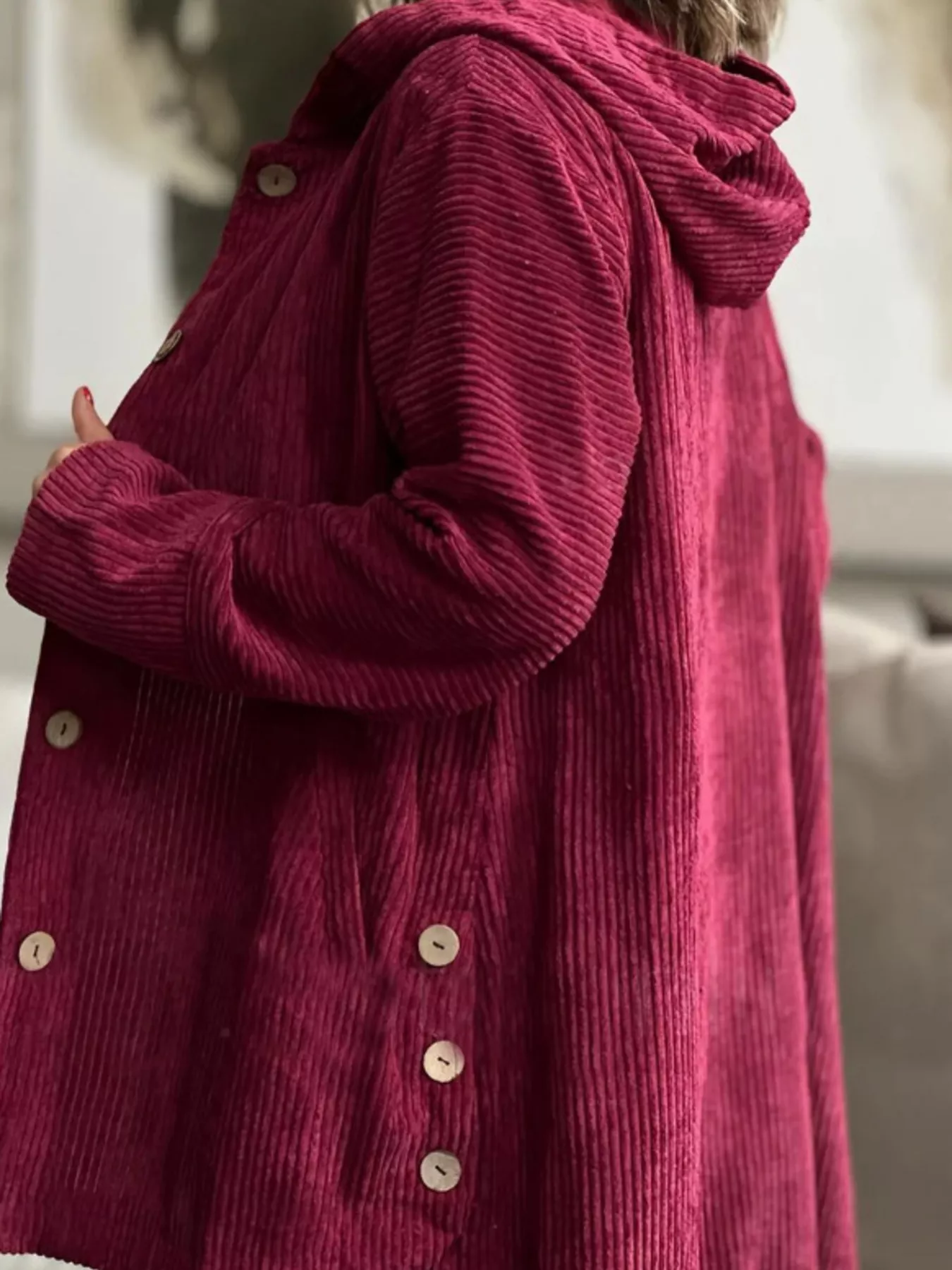 Full Size Corduroy Button Up Hooded Jacket Plus Size - Image 13