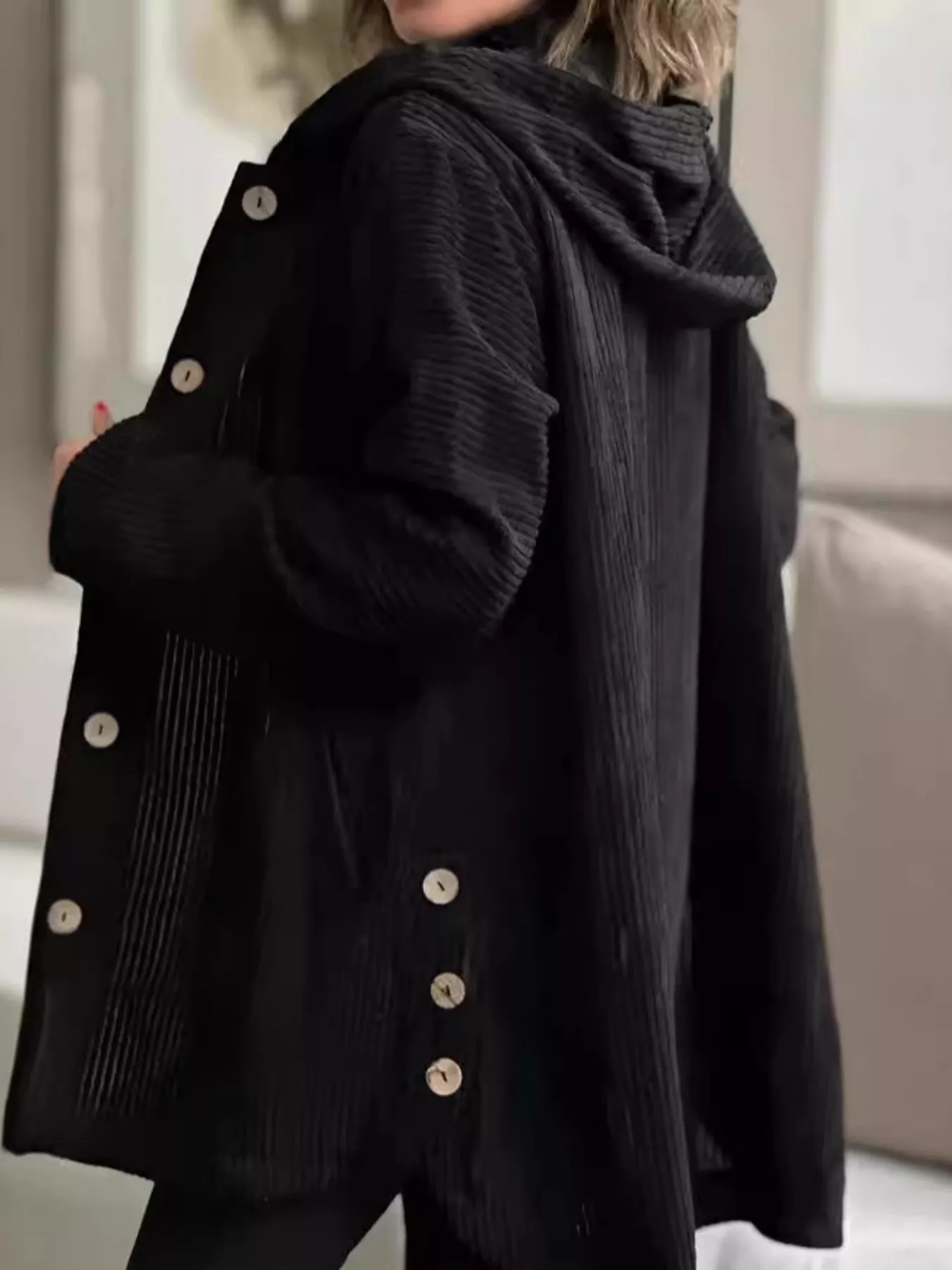 Full Size Corduroy Button Up Hooded Jacket Plus Size - Image 15