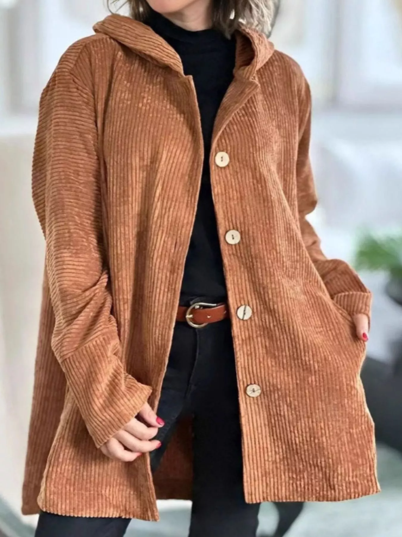 Full Size Corduroy Button Up Hooded Jacket Plus Size - Image 7