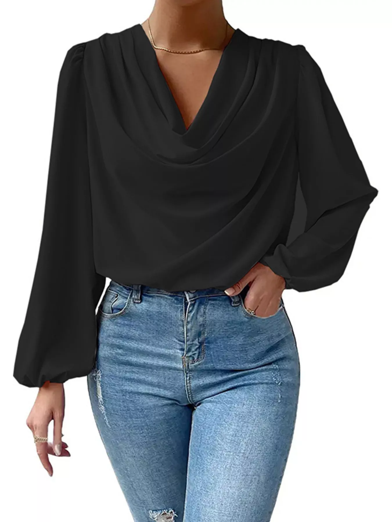 Full Size Cowl Neck Balloon Sleeve Blouse Plus Size - Image 13