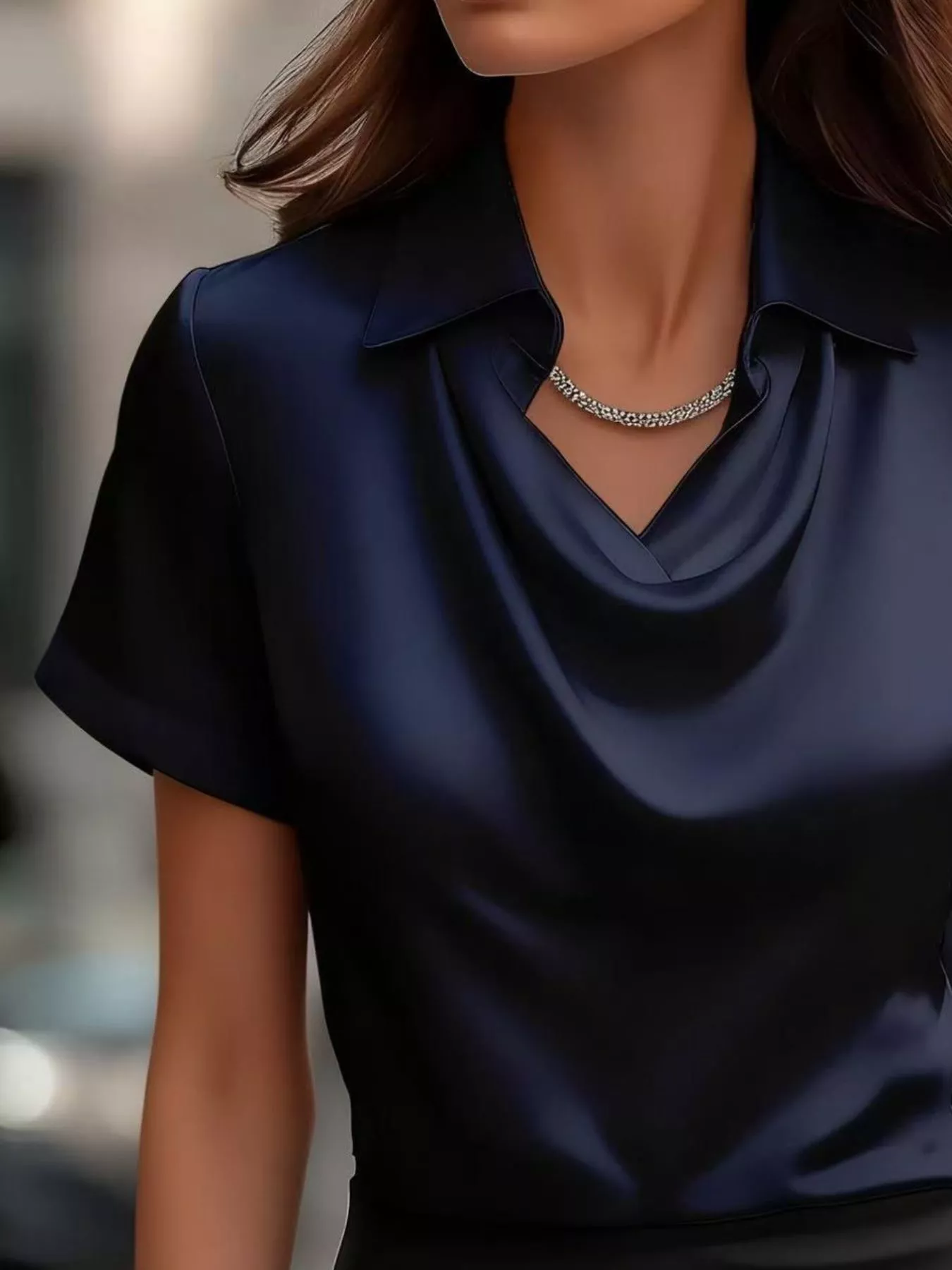Full Size Cowl Neck Short Sleeve Satin Blouse Plus Size - Image 16