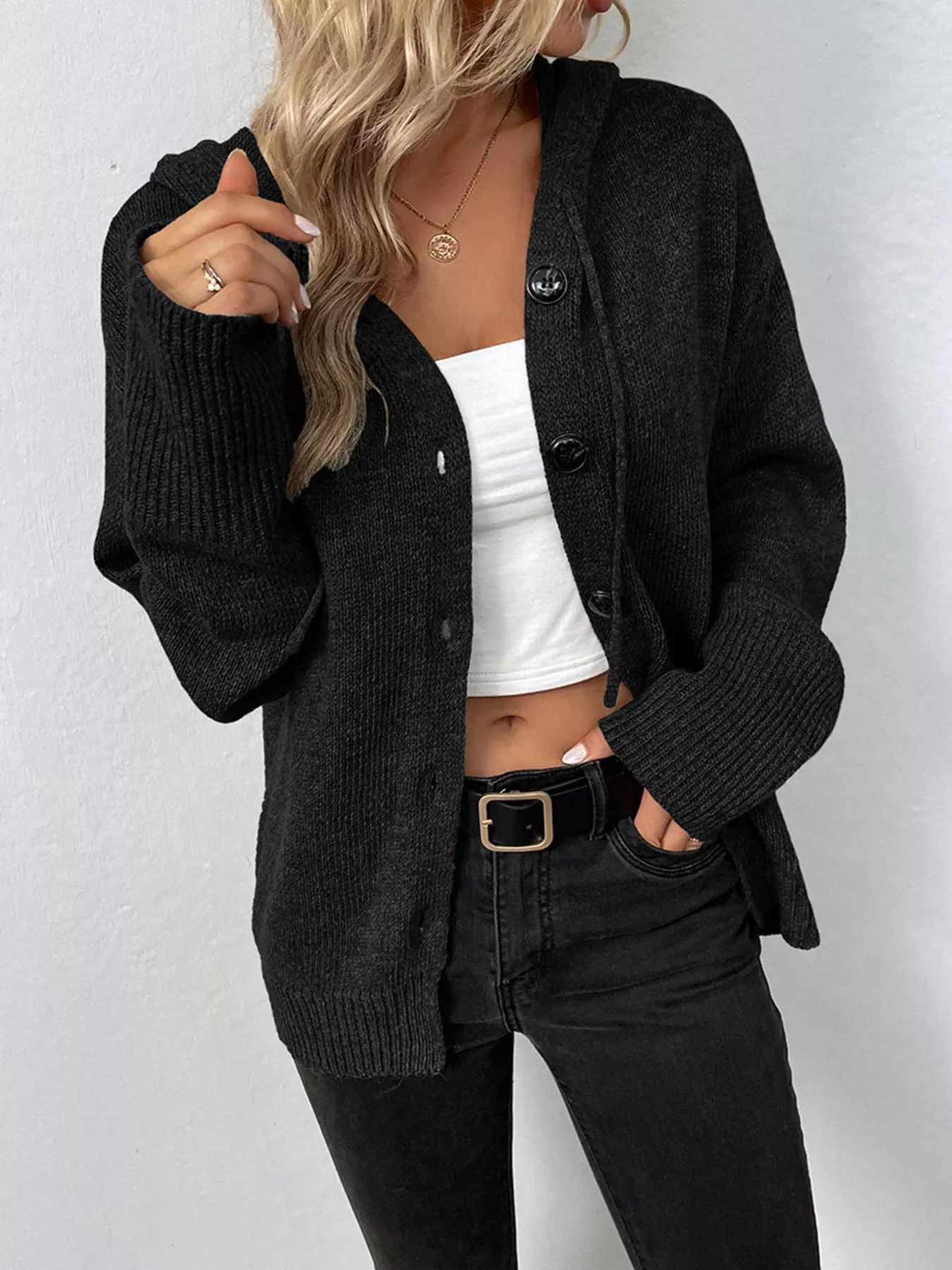 Full Size Cozy Knit Hooded Button-Down Cardigan Plus Size - Image 13