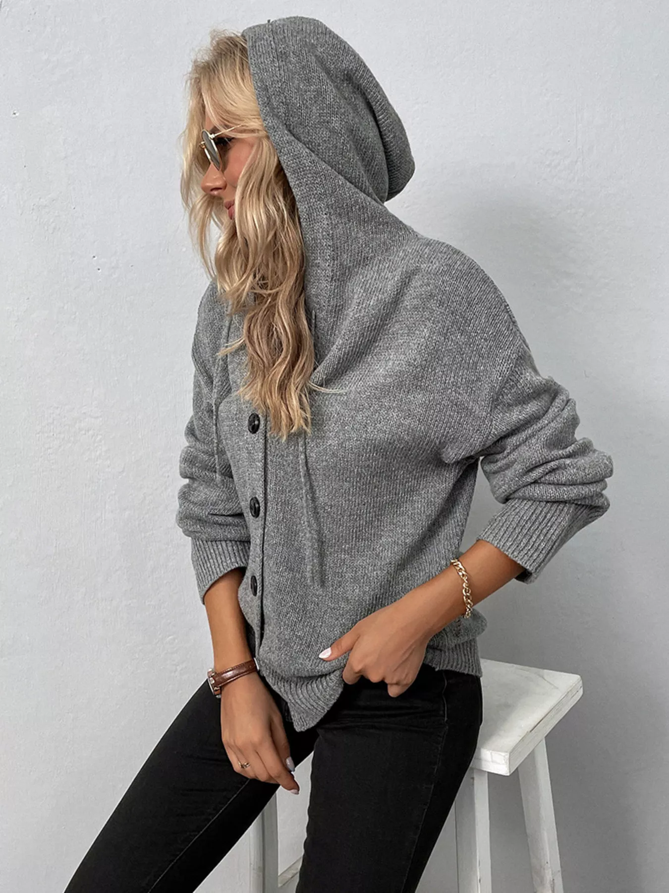 Full Size Cozy Knit Hooded Button-Down Cardigan Plus Size - Image 5