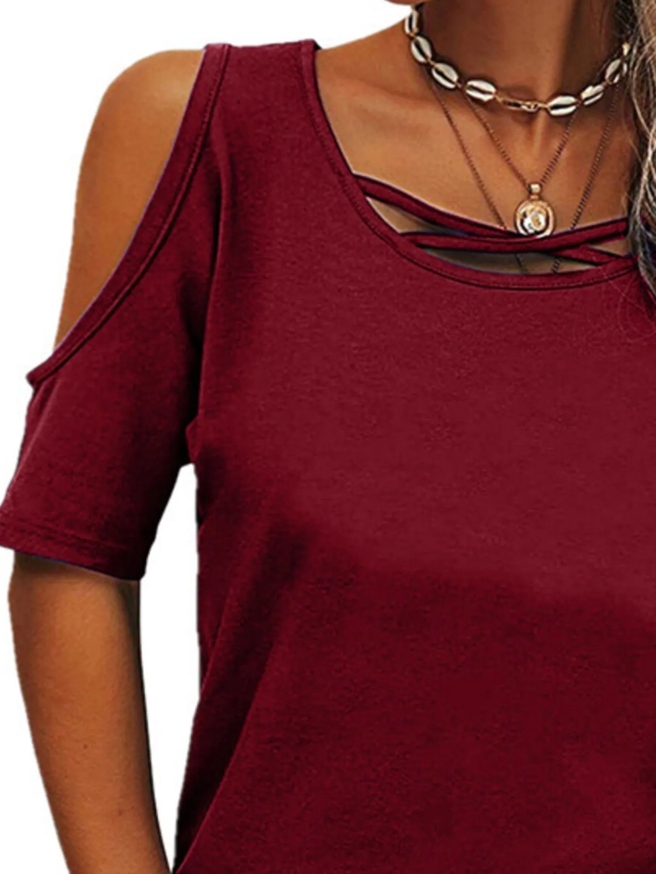 Full Size Crisscross Cold Shoulder Casual T-Shirt Plus Size - Image 12