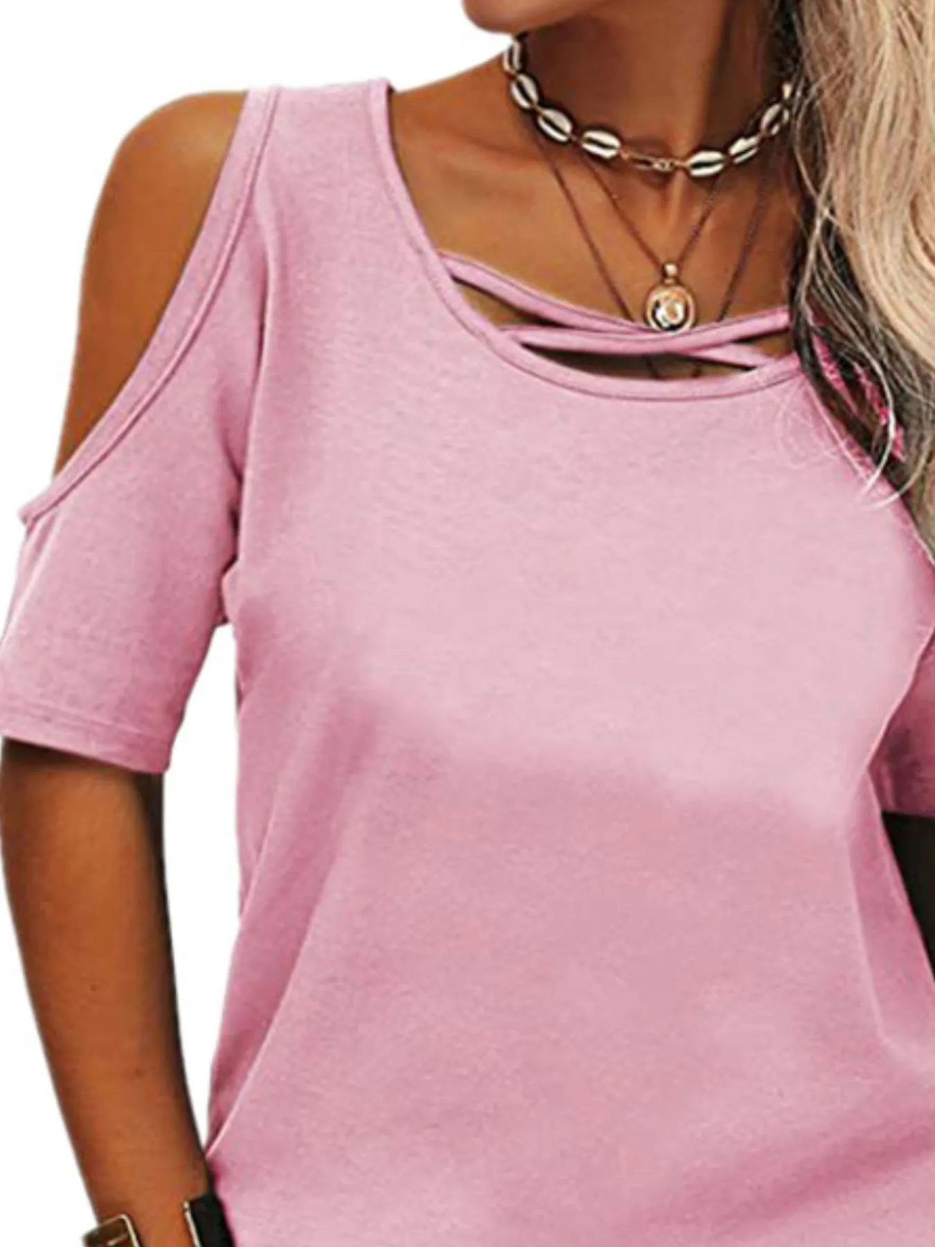 Full Size Crisscross Cold Shoulder Casual T-Shirt Plus Size - Image 3