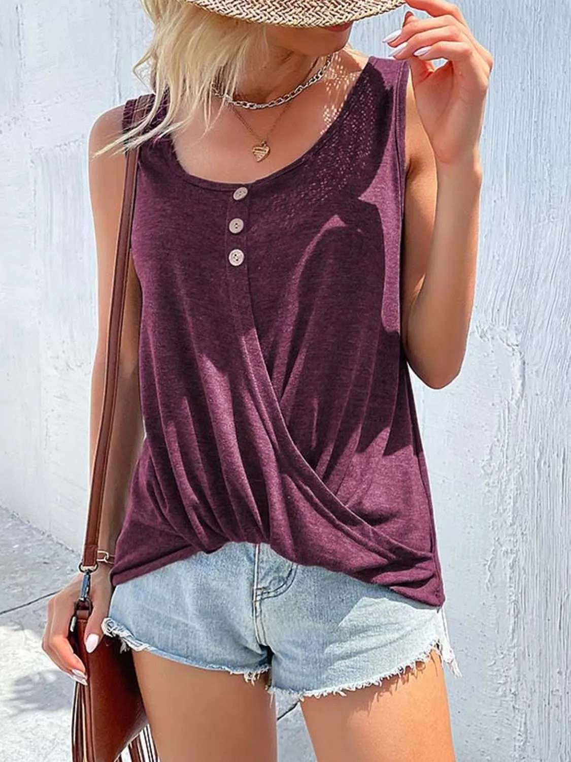 Full Size Decorative Button Round Neck Tank Plus Size - Image 5