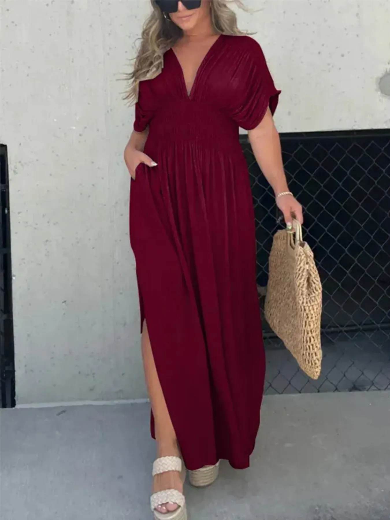 Full Size Deep V-Neck Maxi Dress with Side Slit Plus Size - Image 10