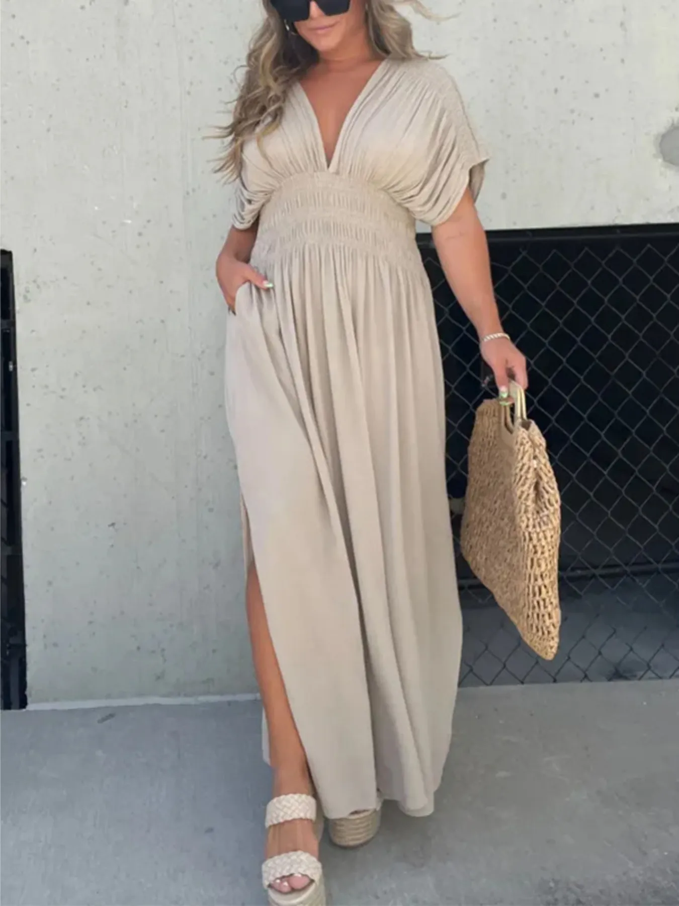 Full Size Deep V-Neck Maxi Dress with Side Slit Plus Size - Image 8