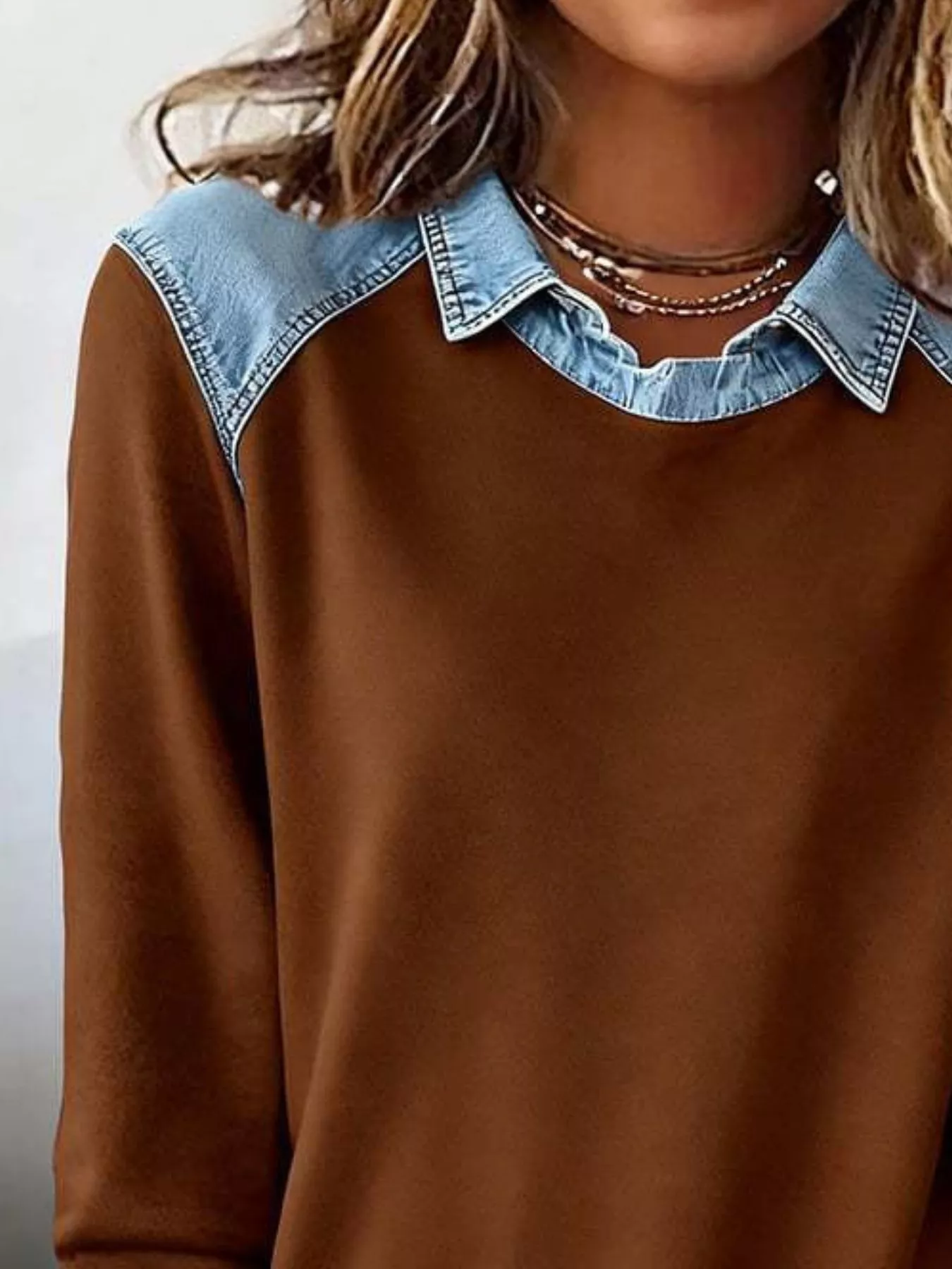 Full Size Denim Trim Long Sleeve Top Plus Size - Image 10