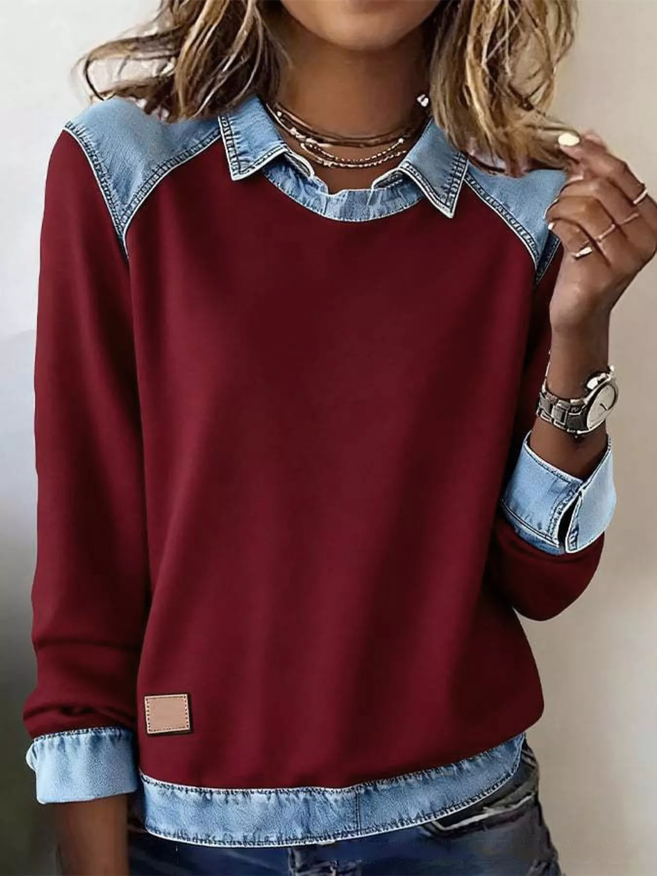 Full Size Denim Trim Long Sleeve Top Plus Size - Image 11
