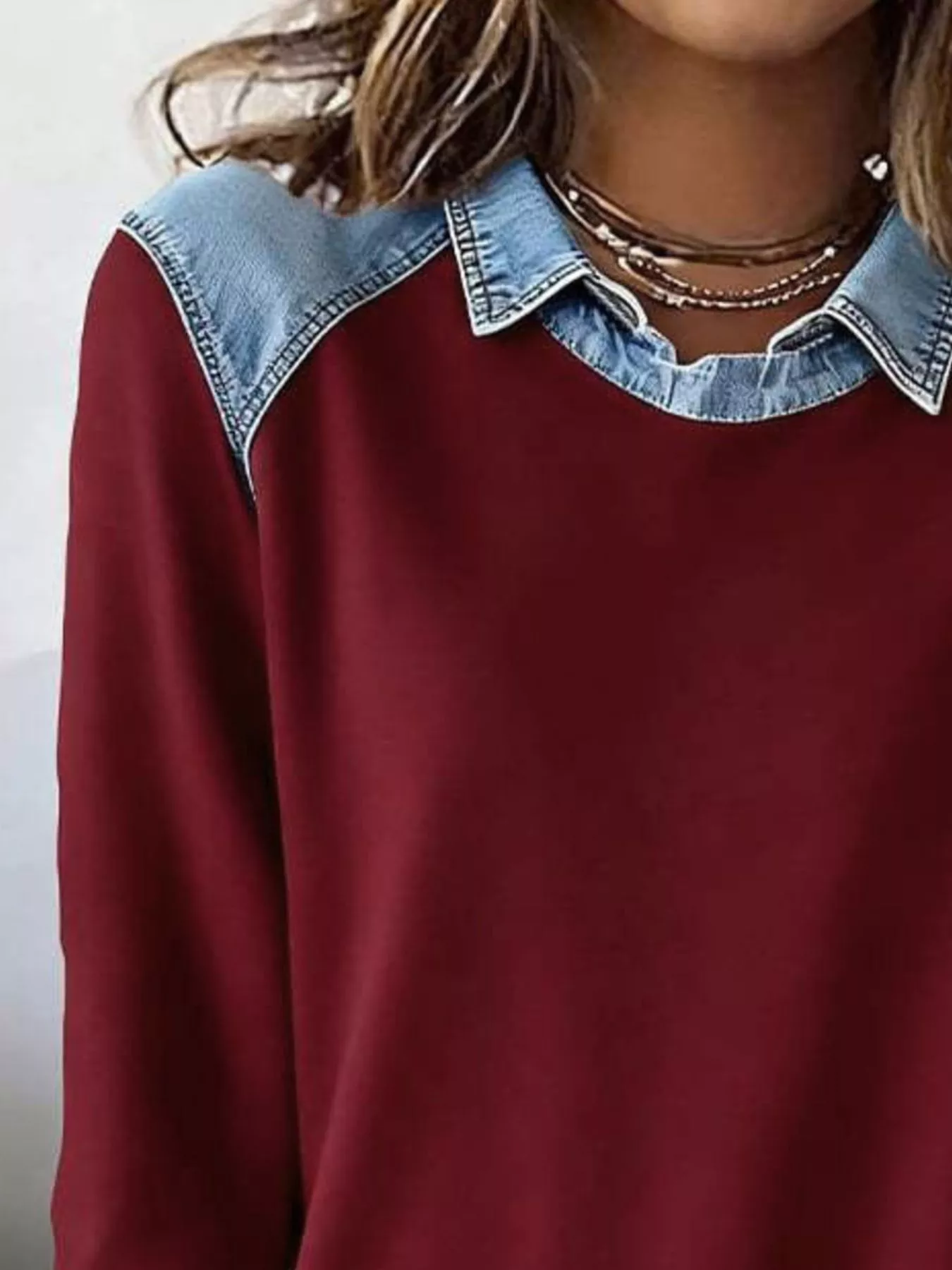 Full Size Denim Trim Long Sleeve Top Plus Size - Image 12
