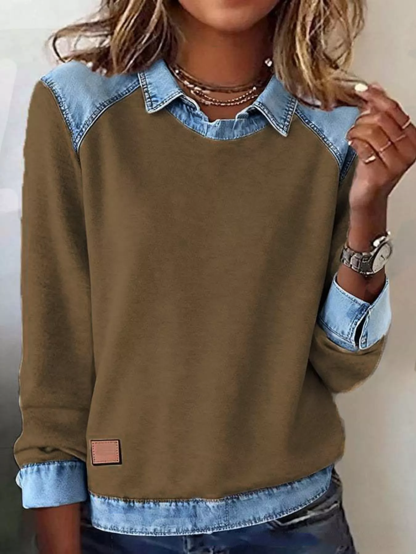 Full Size Denim Trim Long Sleeve Top Plus Size - Image 13