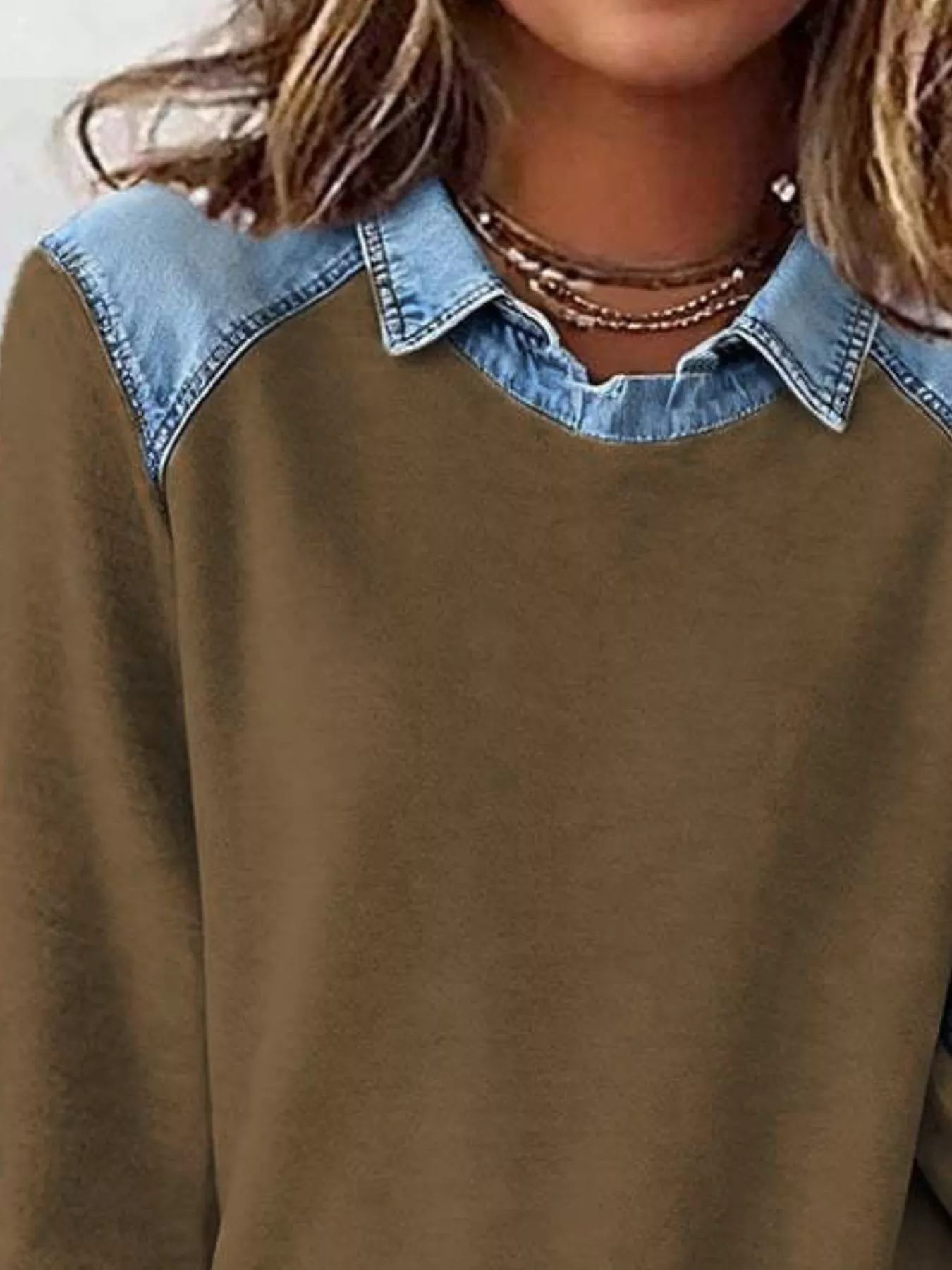 Full Size Denim Trim Long Sleeve Top Plus Size - Image 14