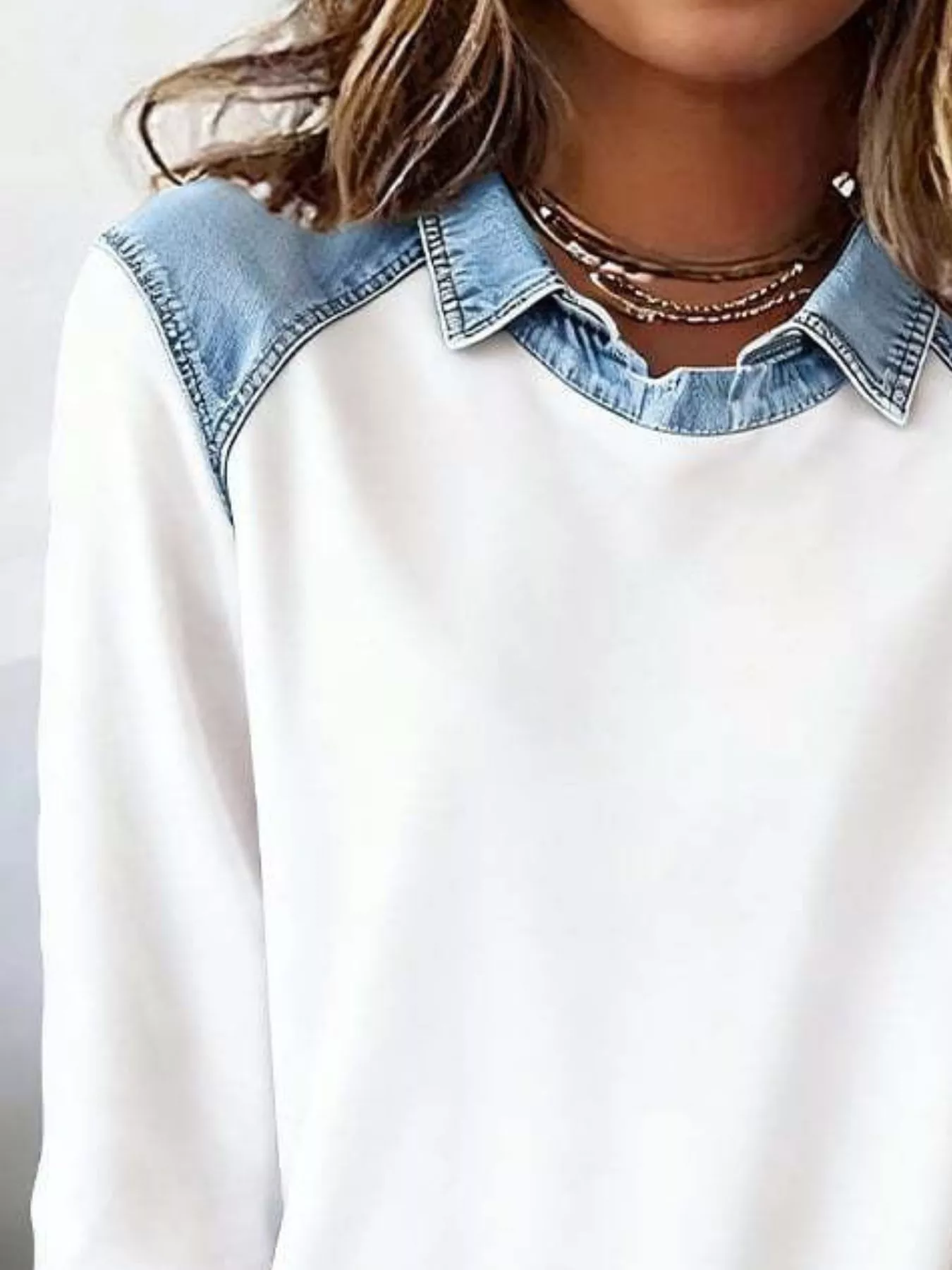 Full Size Denim Trim Long Sleeve Top Plus Size - Image 2