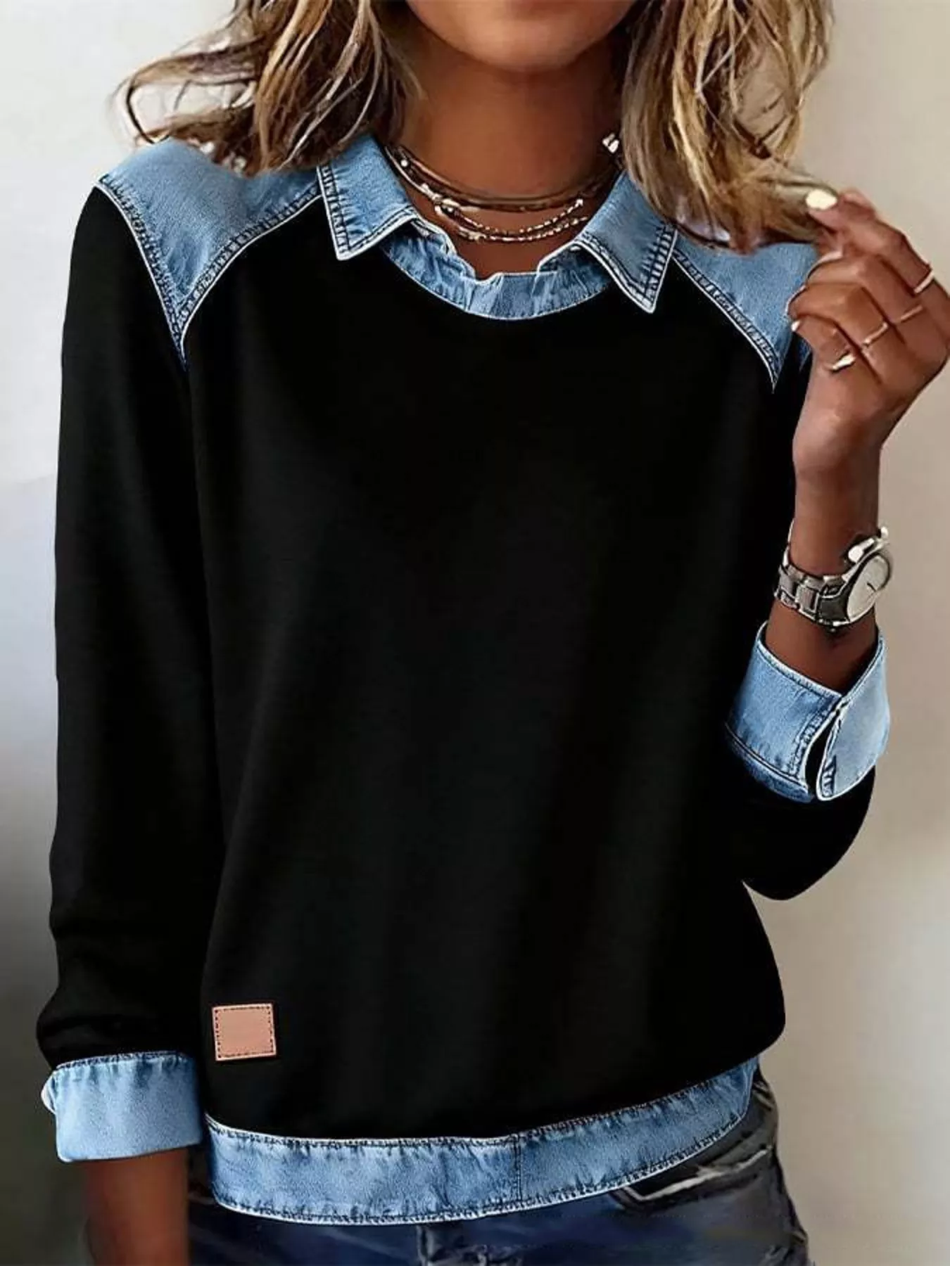 Full Size Denim Trim Long Sleeve Top Plus Size - Image 3