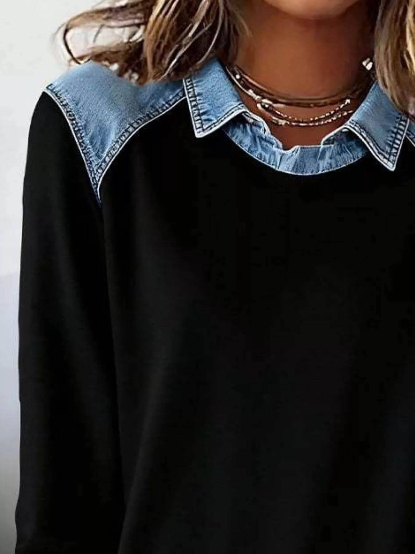 Full Size Denim Trim Long Sleeve Top Plus Size - Image 4