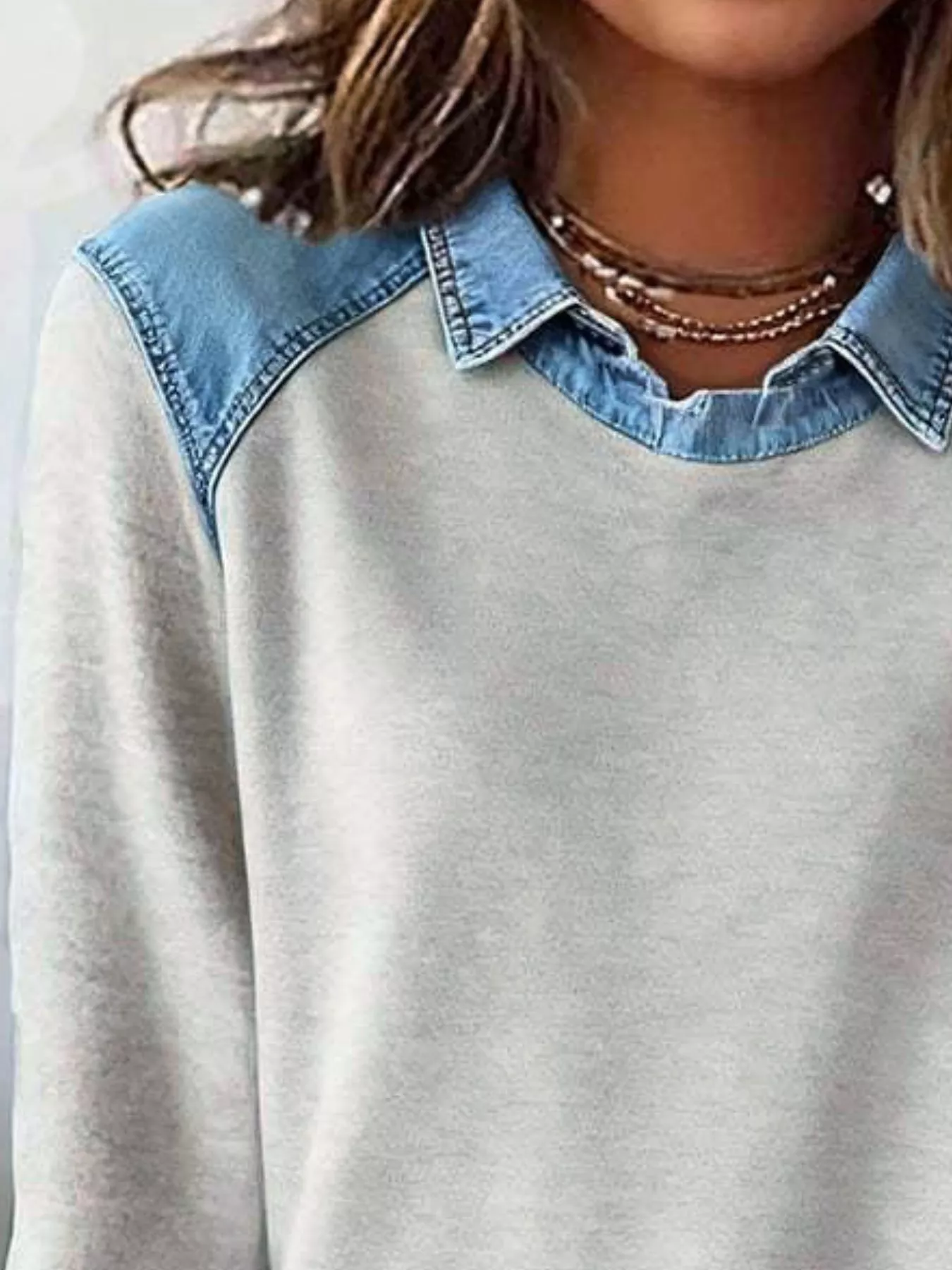 Full Size Denim Trim Long Sleeve Top Plus Size - Image 6