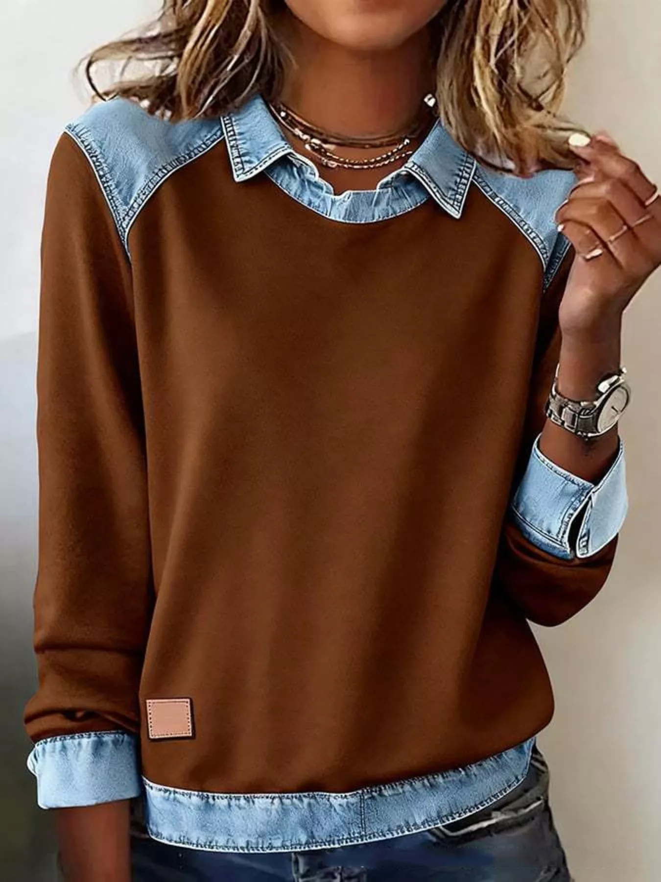 Full Size Denim Trim Long Sleeve Top Plus Size - Image 9