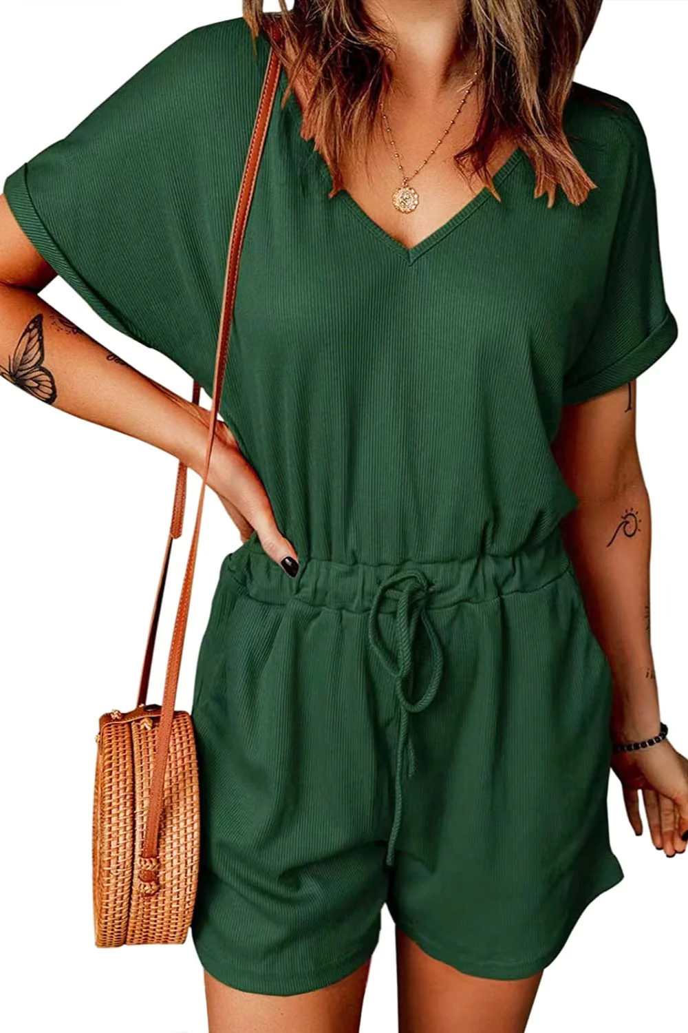 Full Size Drawstring V-Neck Short Sleeve Romper - Image 2