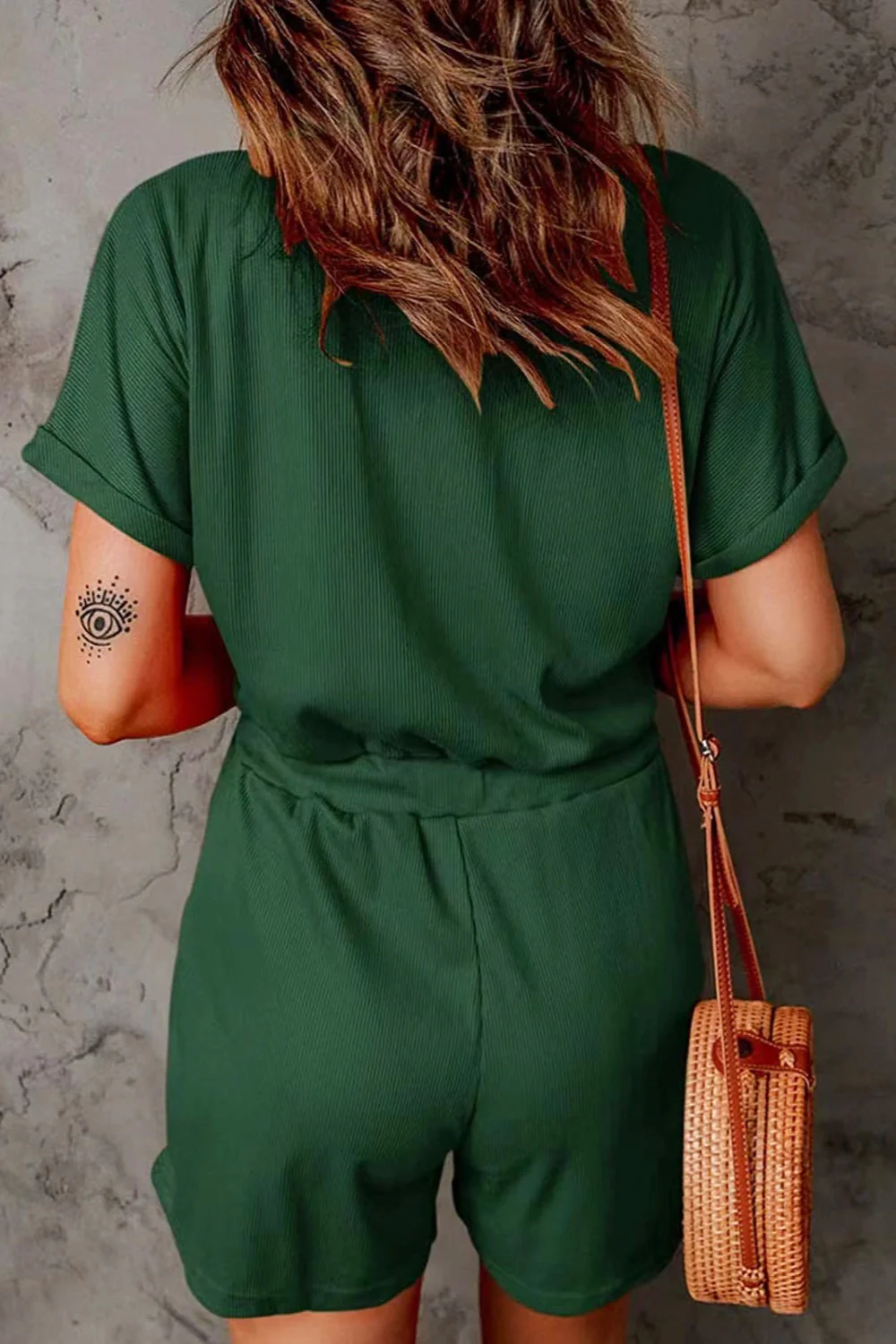 Full Size Drawstring V-Neck Short Sleeve Romper - Image 3