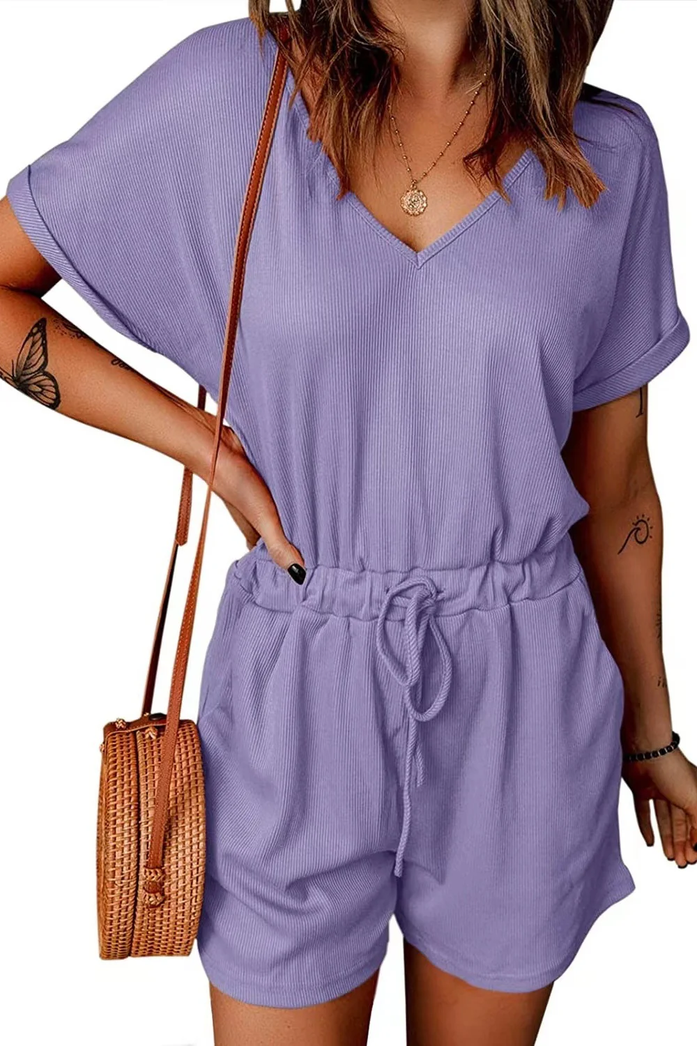 Full Size Drawstring V-Neck Short Sleeve Romper - Image 6