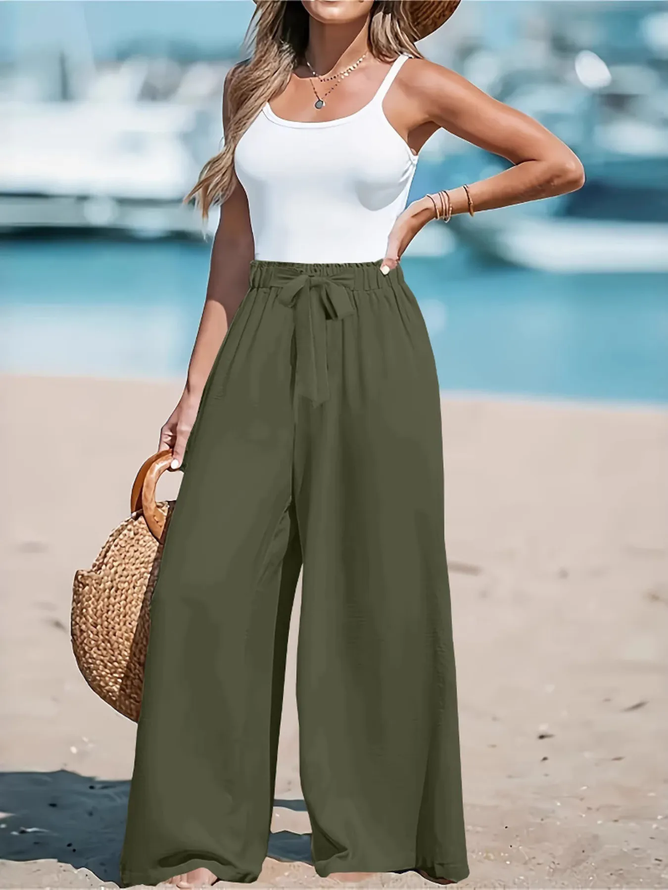 Full Size Drawstring Waist Wide Leg Pants Plus Size - Image 19