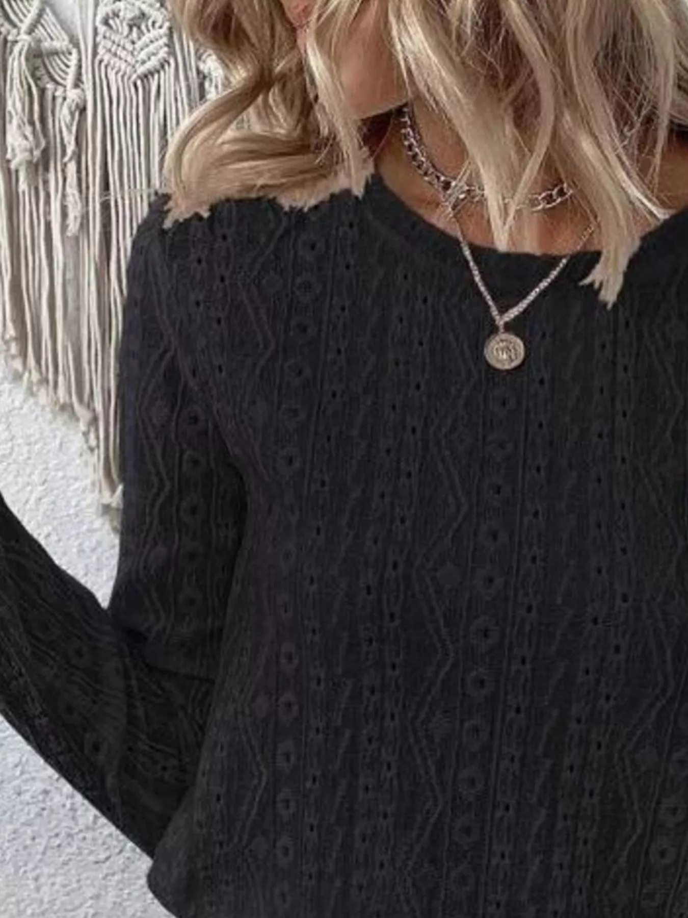 Full Size Eyelet Round Neck Long Sleeve Blouse Plus Size - Image 10