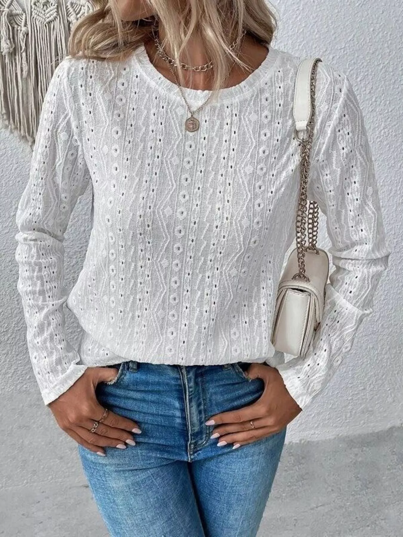 Full Size Eyelet Round Neck Long Sleeve Blouse Plus Size - Image 4