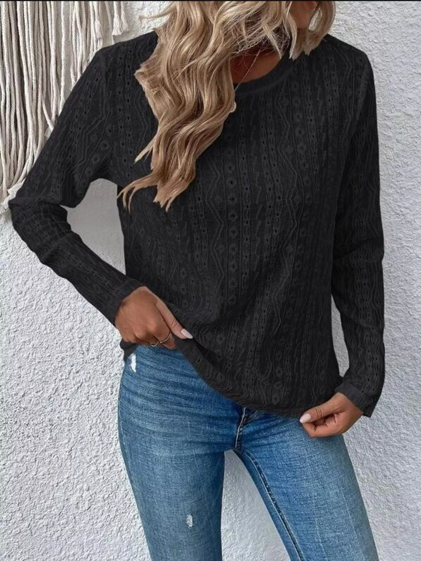 Full Size Eyelet Round Neck Long Sleeve Blouse Plus Size - Image 9