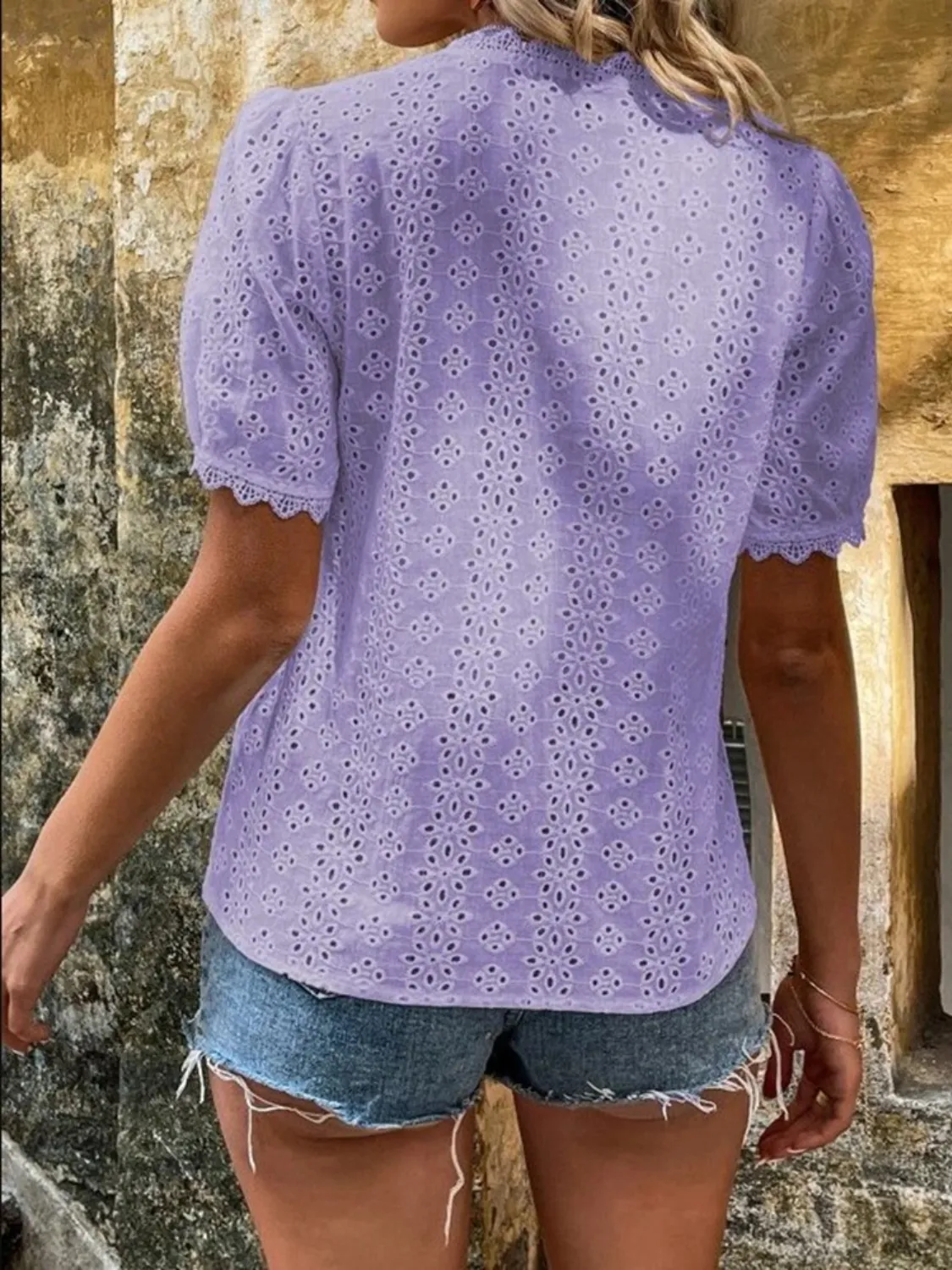 Full Size Eyelet V-Neck Short Sleeve Blouse Plus Size - Image 10