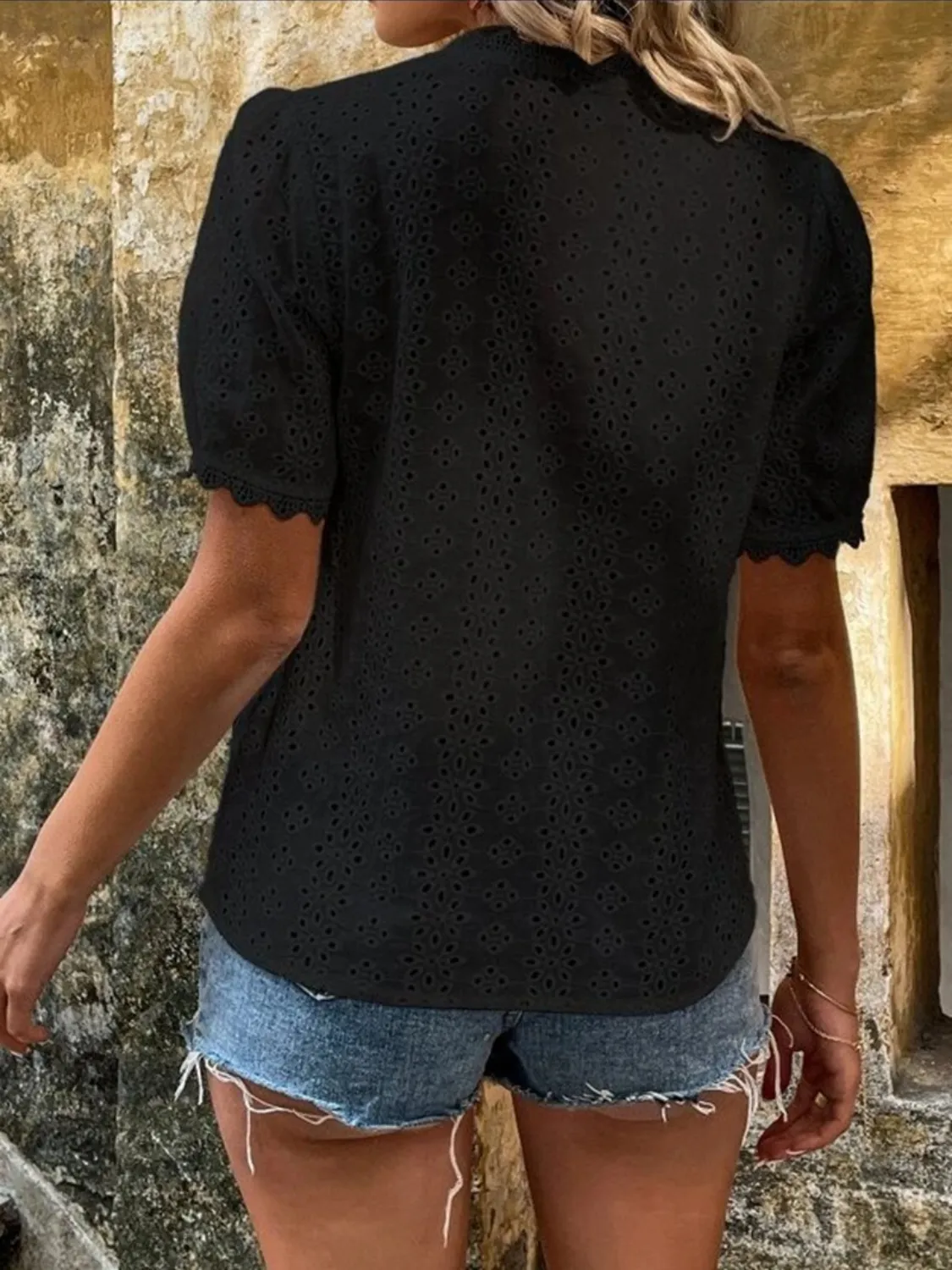 Full Size Eyelet V-Neck Short Sleeve Blouse Plus Size - Image 15