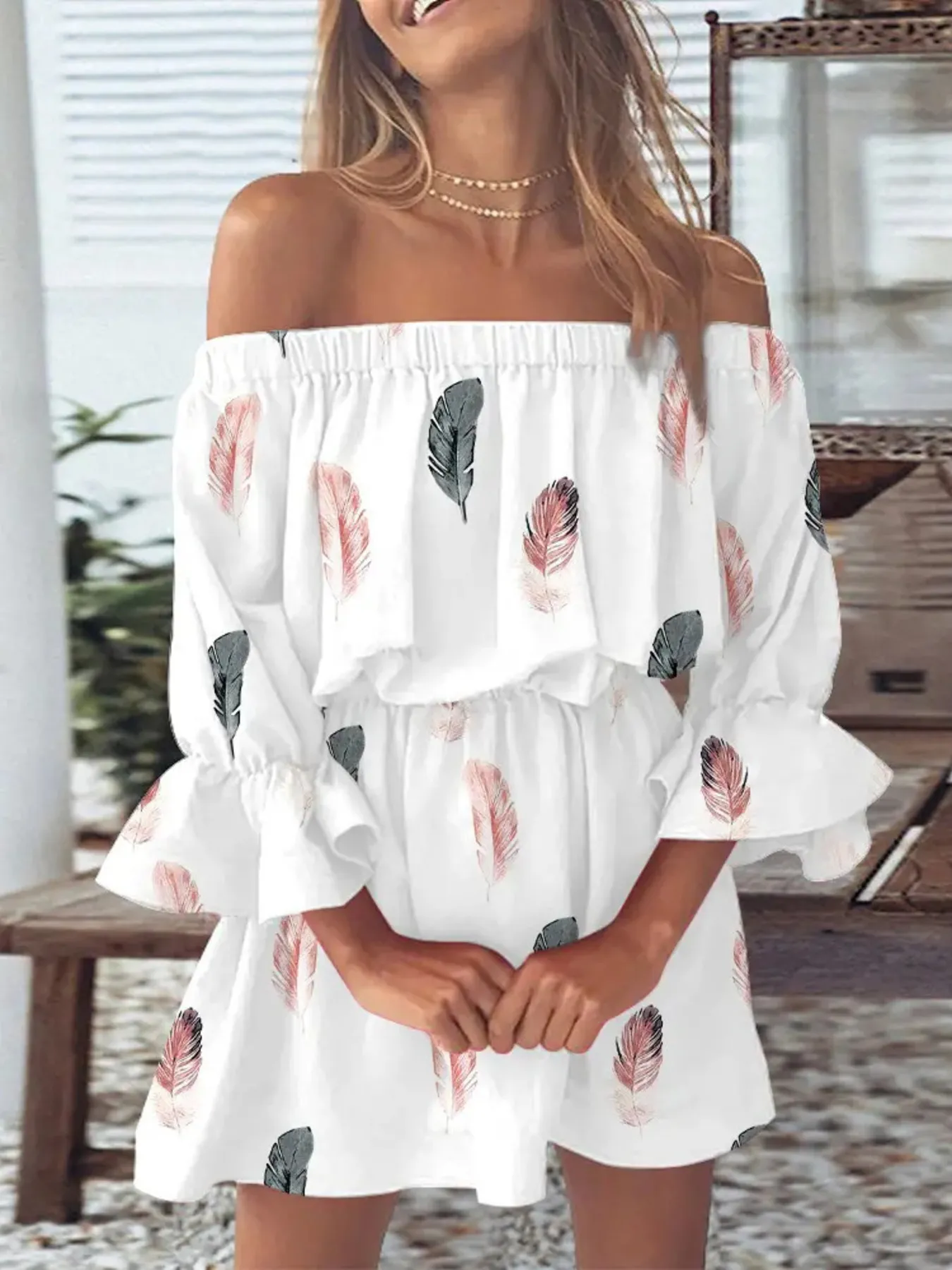 Full Size Floral Off-Shoulder Flounce Sleeve Mini Dress Plus Size - Image 11