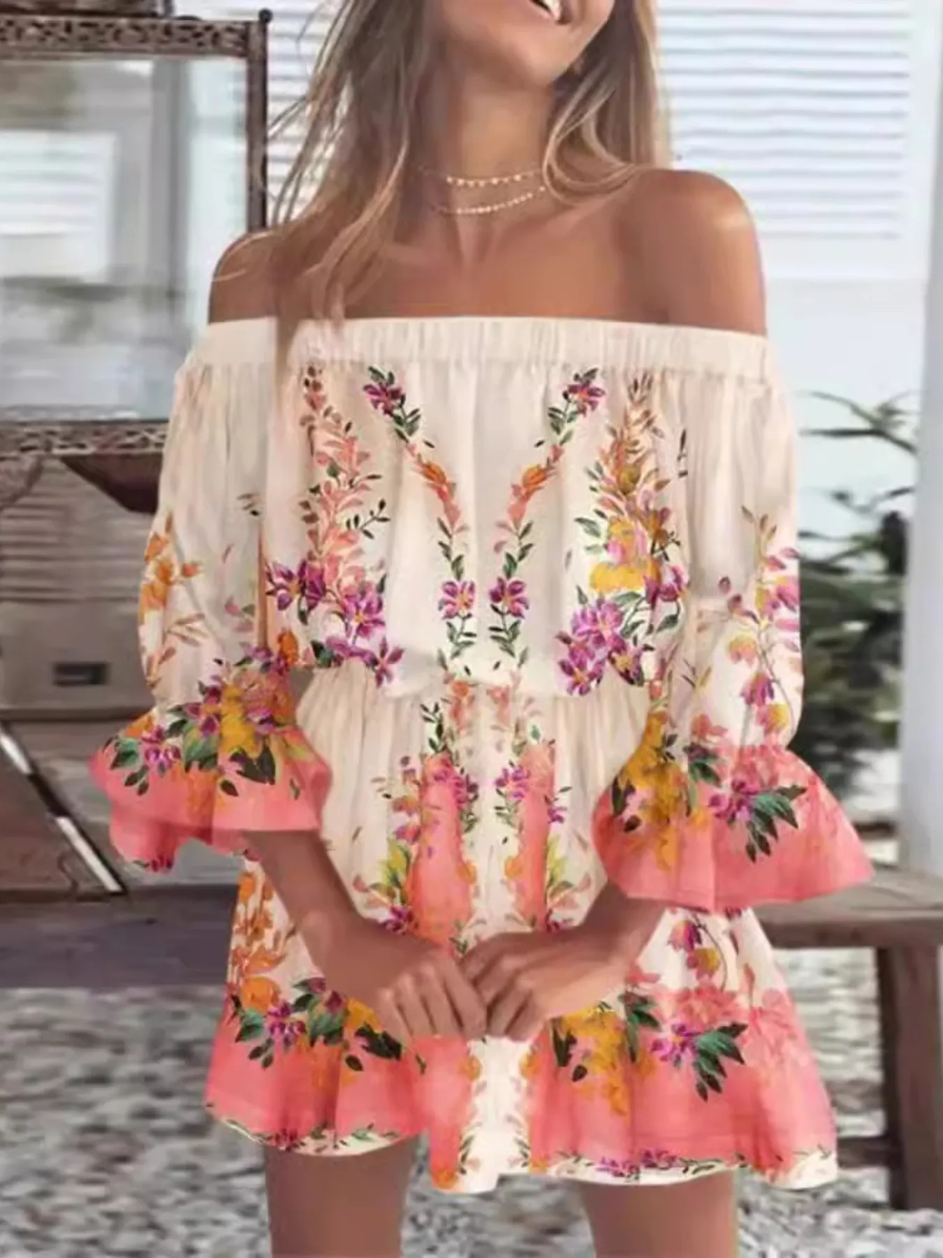 Full Size Floral Off-Shoulder Flounce Sleeve Mini Dress Plus Size - Image 13
