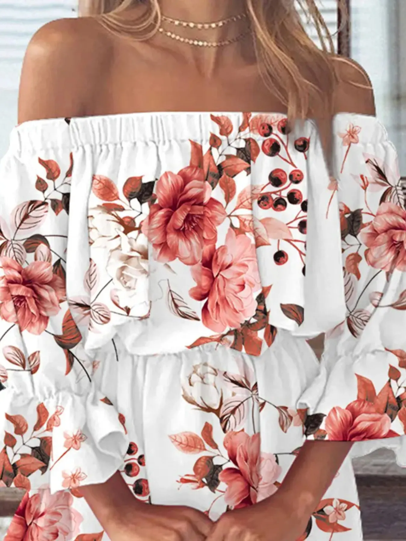 Full Size Floral Off-Shoulder Flounce Sleeve Mini Dress Plus Size - Image 9