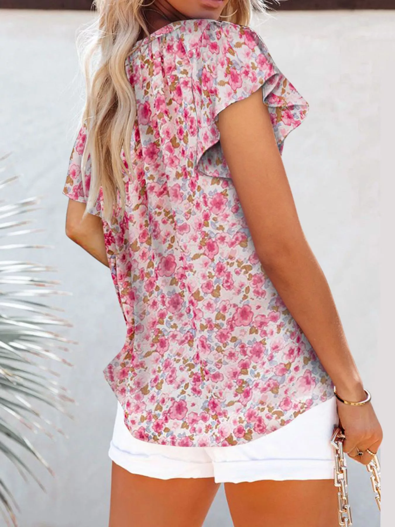 Full Size Floral Print Flutter Sleeve V-Neck Blouse Plus Size - Image 10