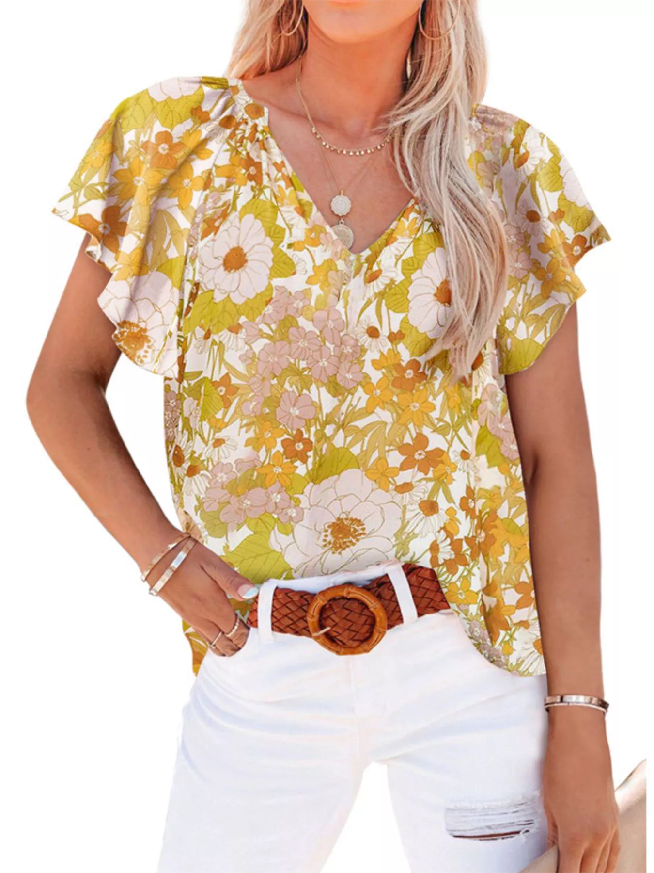 Full Size Floral Print Flutter Sleeve V-Neck Blouse Plus Size - Image 12