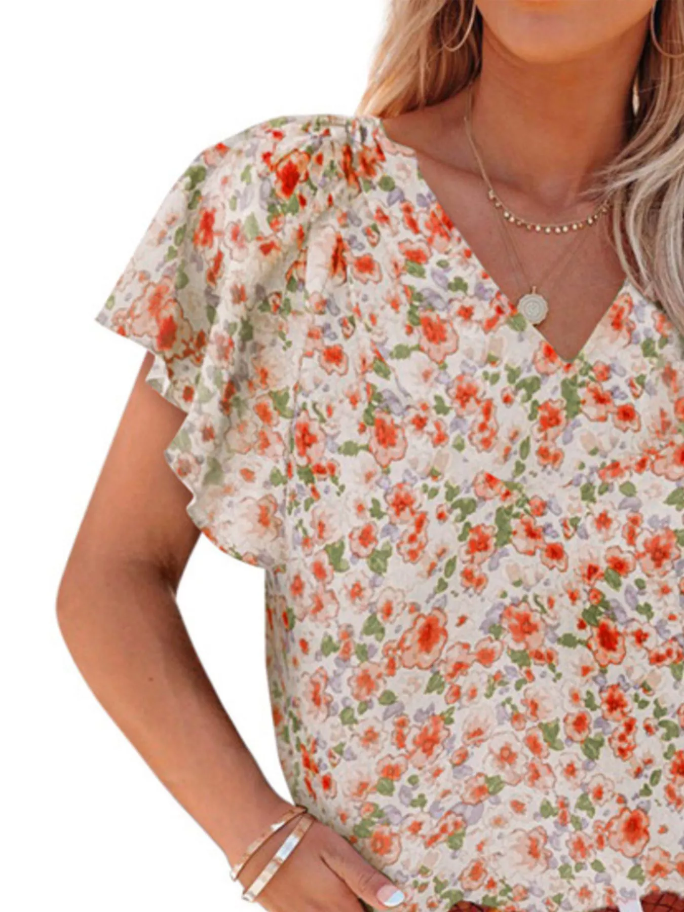 Full Size Floral Print Flutter Sleeve V-Neck Blouse Plus Size - Image 16