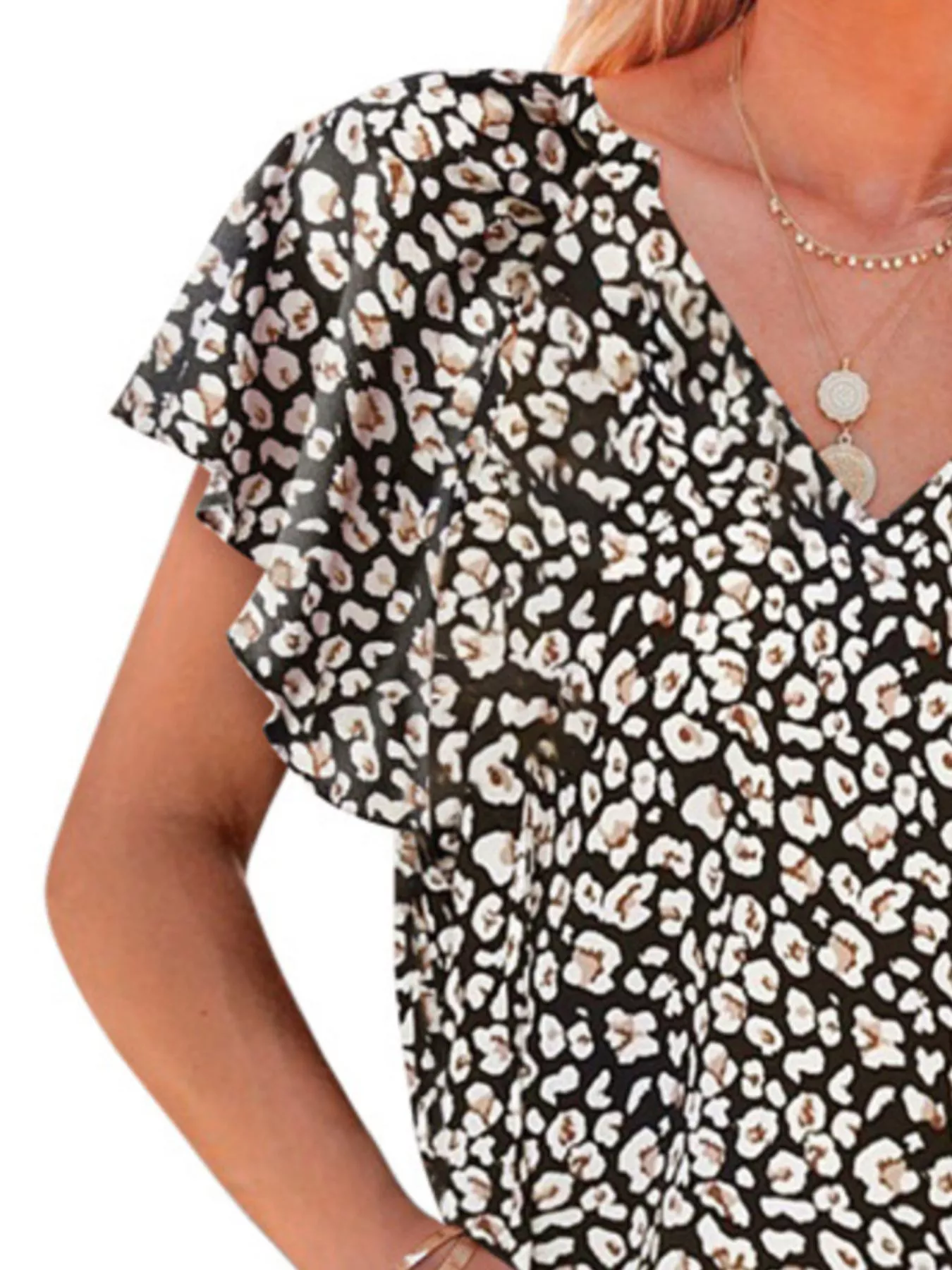 Full Size Floral Print Flutter Sleeve V-Neck Blouse Plus Size - Image 4