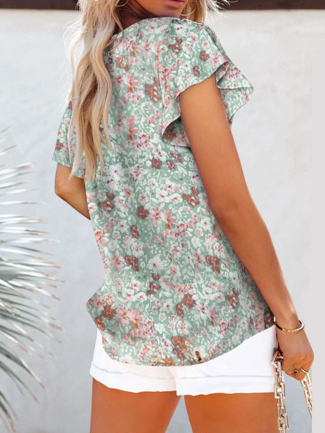 Full Size Floral Print Flutter Sleeve V-Neck Blouse Plus Size - Image 6