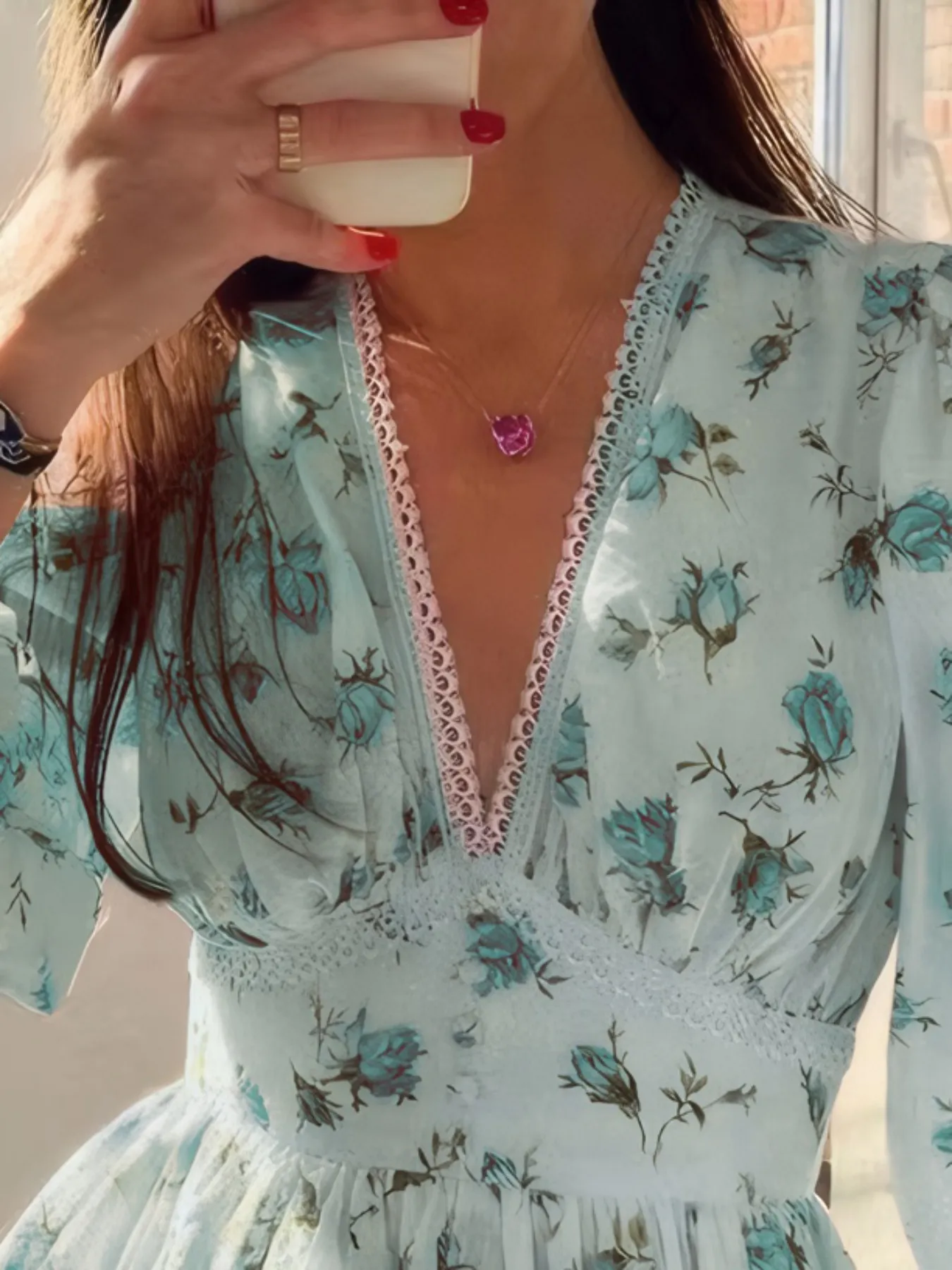 Full Size Floral Print Lace Detail V-Neck Mini Dress Plus SIze - Image 2