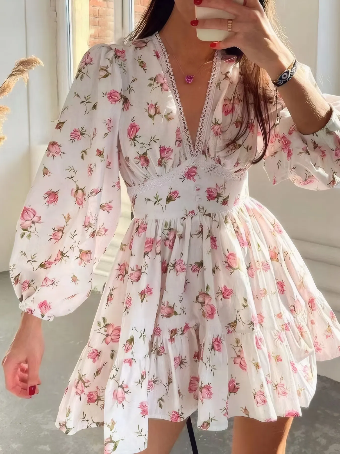 Full Size Floral Print Lace Detail V-Neck Mini Dress Plus SIze - Image 5