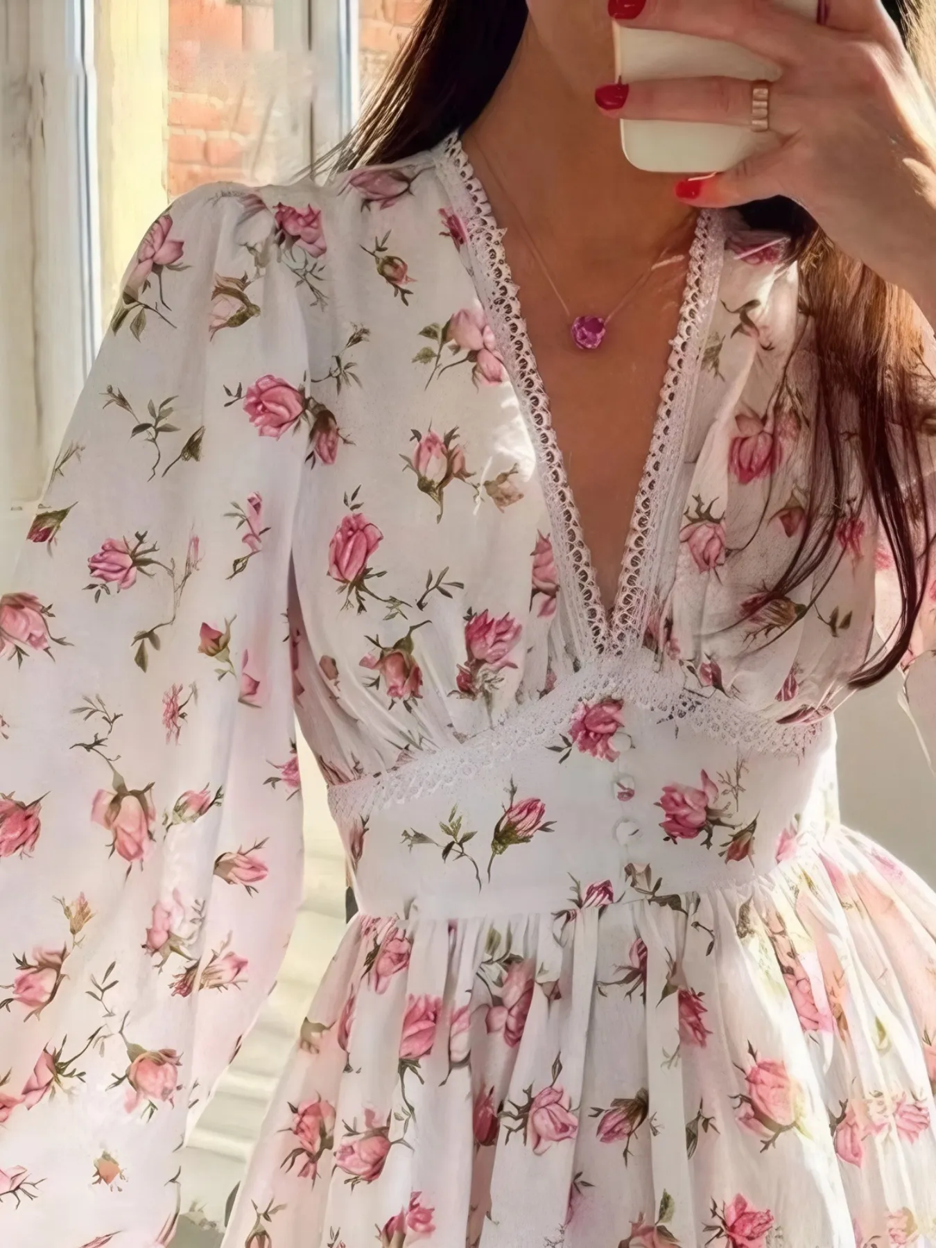 Full Size Floral Print Lace Detail V-Neck Mini Dress Plus SIze - Image 6