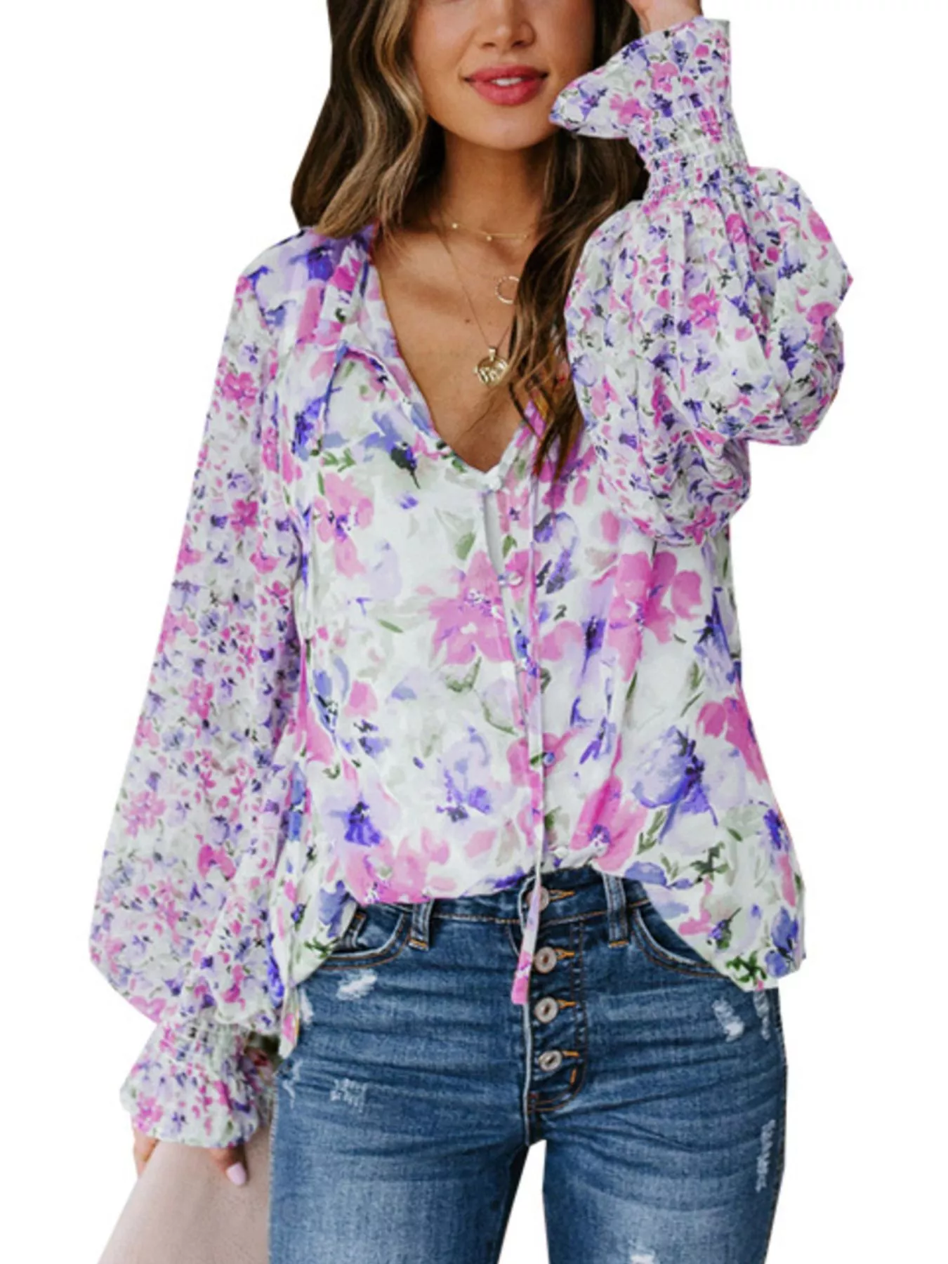 Full Size Floral Print Smocked Cuff Blouse Plus Size - Image 4