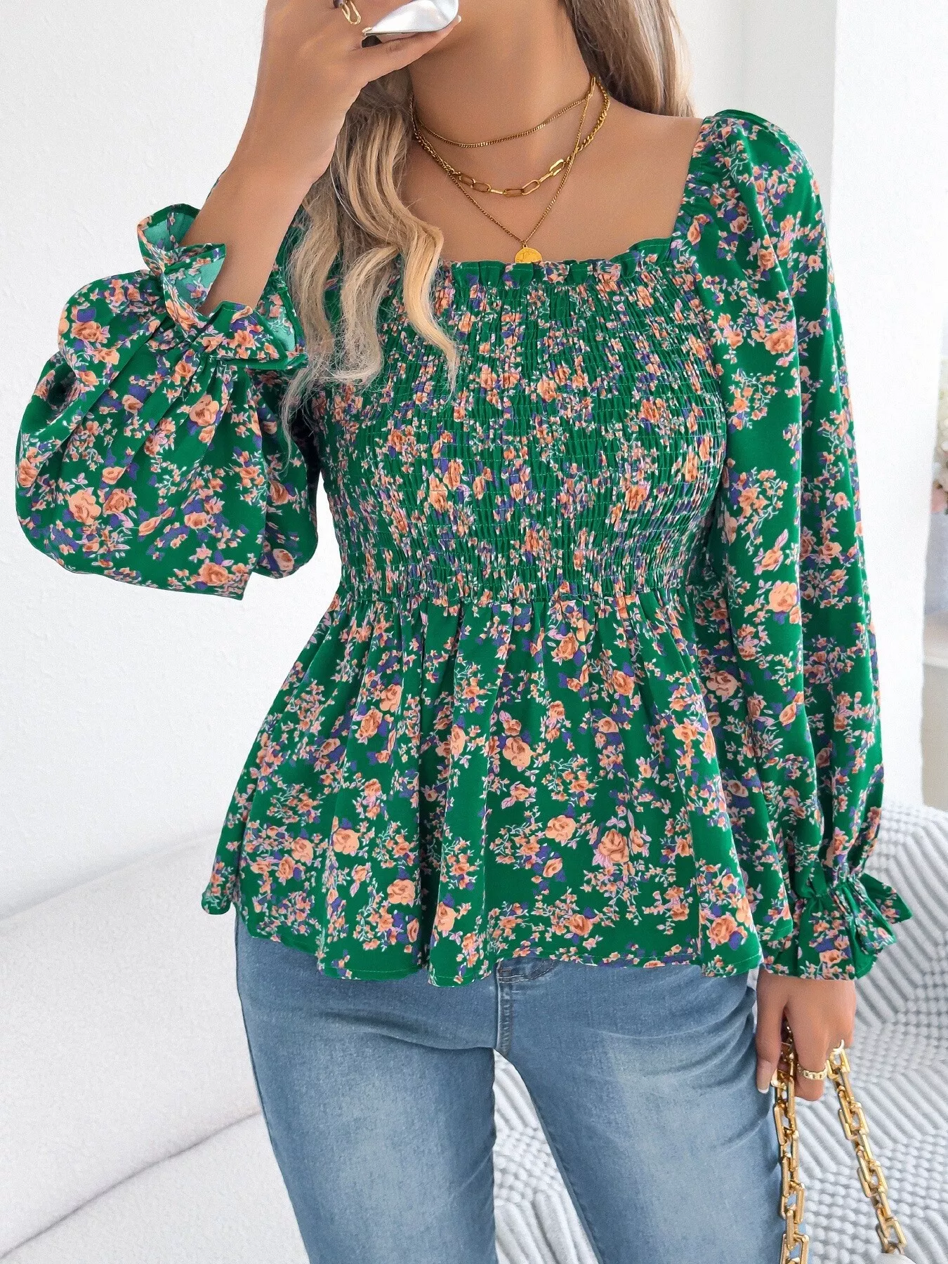Full Size Floral Print Smocked Long Sleeve Blouse Plus Size - Image 11