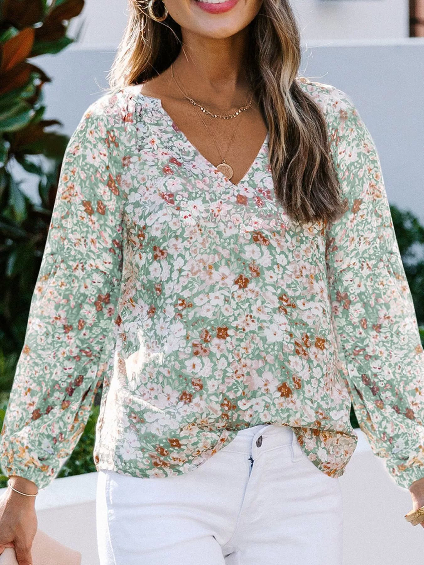 Full Size Floral Print V-Neck Long Sleeve Blouse Plus Size - Image 2