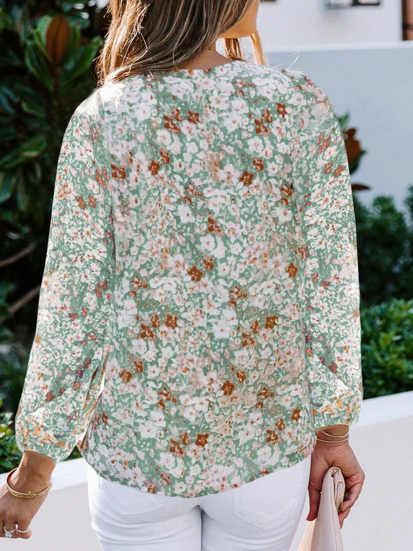 Full Size Floral Print V-Neck Long Sleeve Blouse Plus Size - Image 3