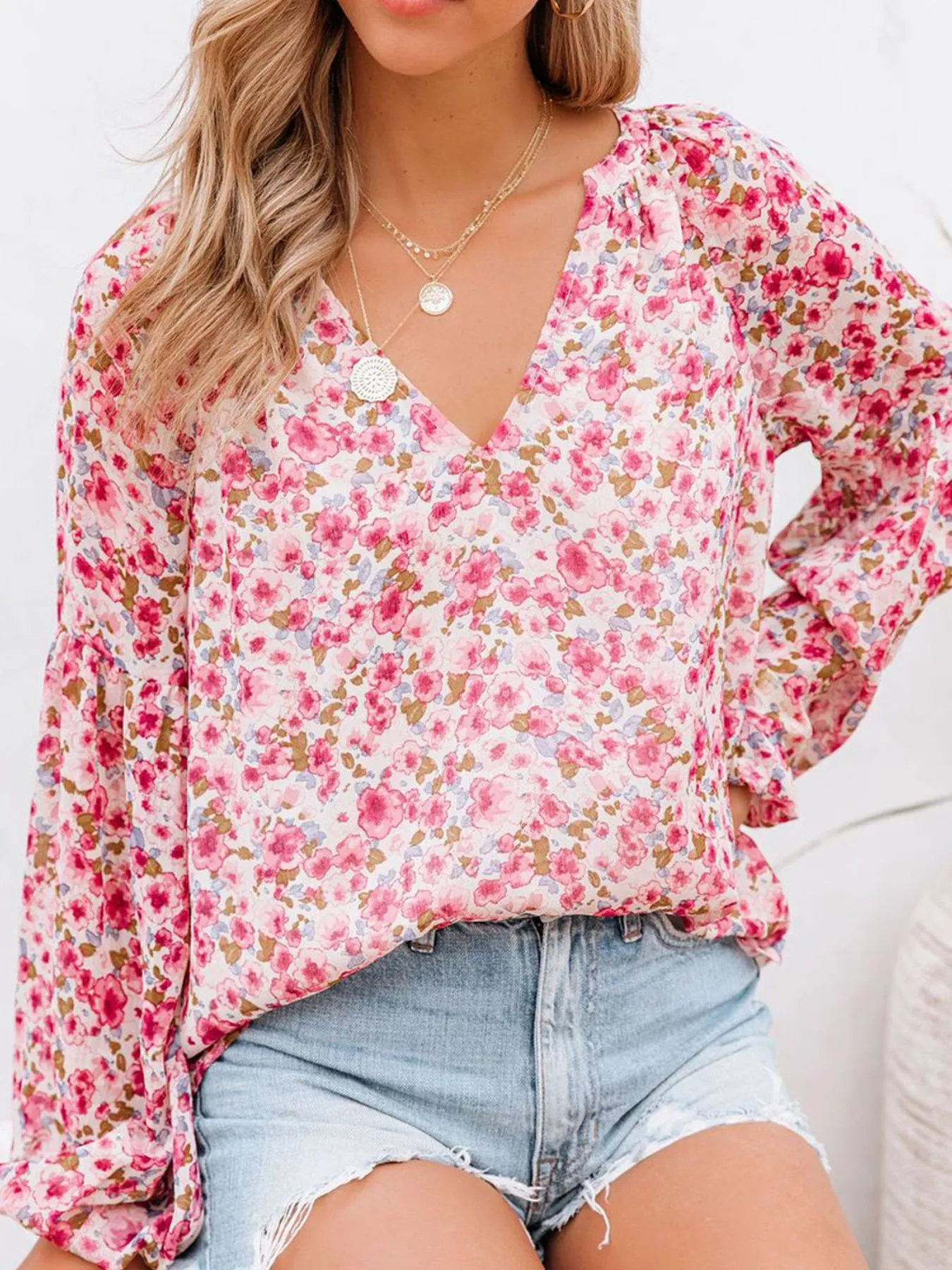 Full Size Floral Print V-Neck Long Sleeve Blouse Plus Size - Image 4