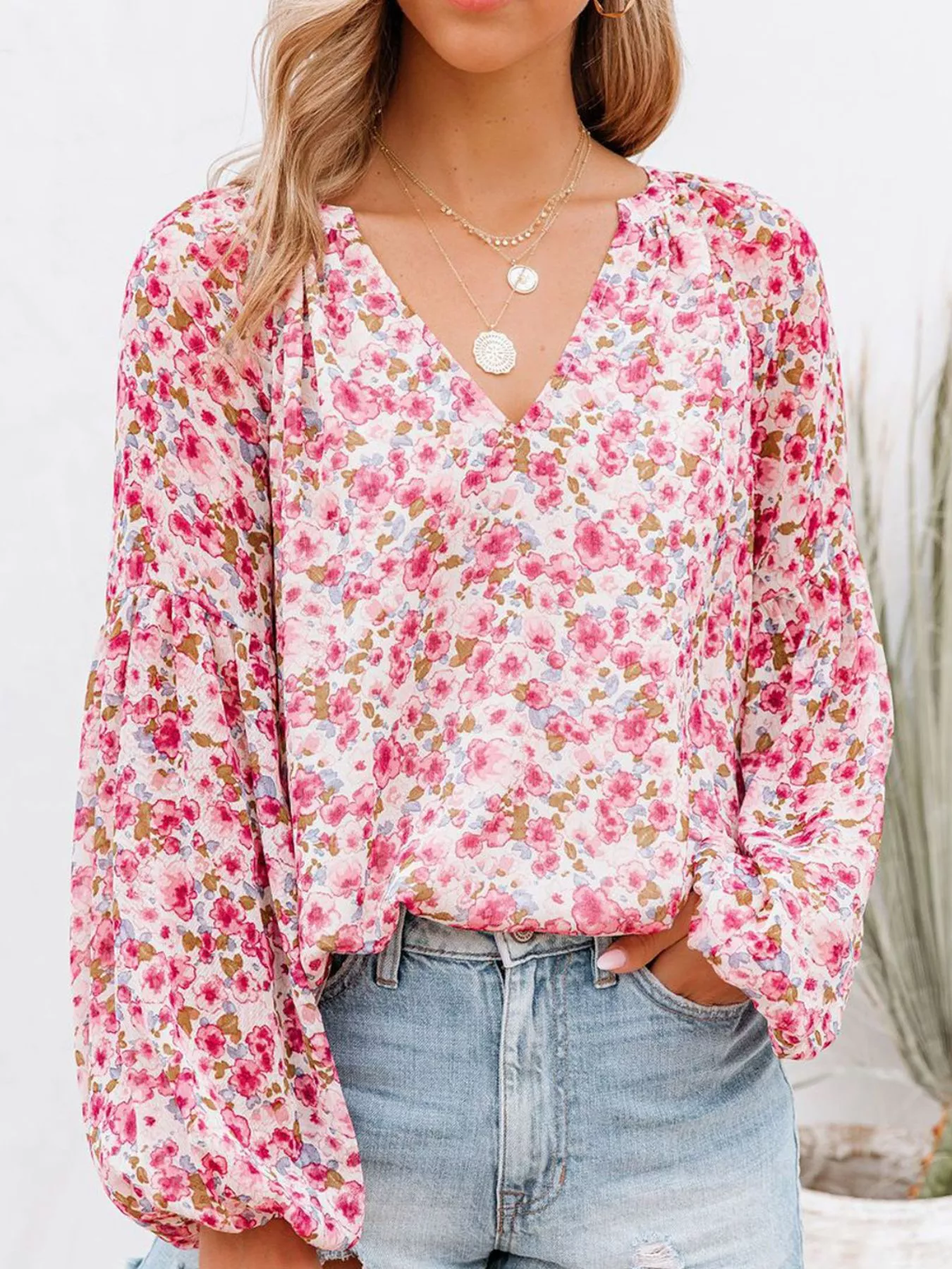 Full Size Floral Print V-Neck Long Sleeve Blouse Plus Size - Image 5