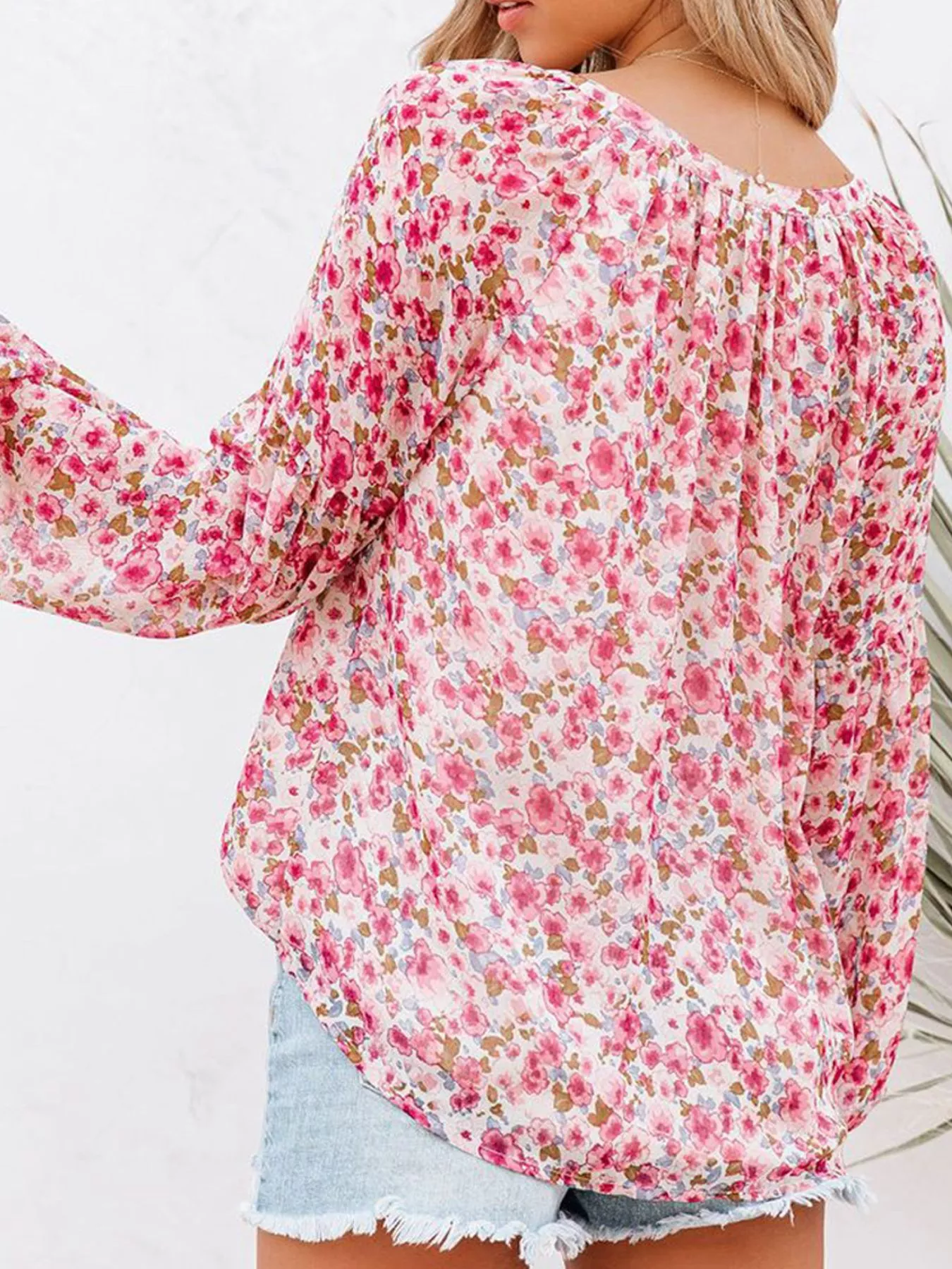 Full Size Floral Print V-Neck Long Sleeve Blouse Plus Size - Image 8