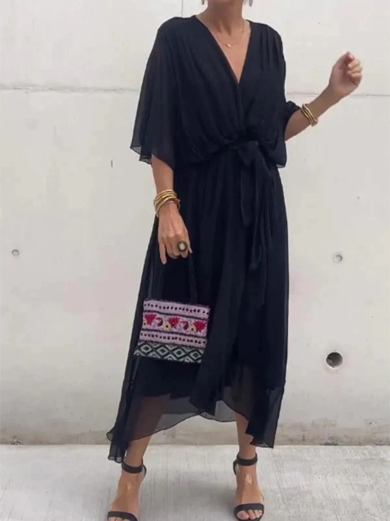 Full Size Flowy Tie Front Midi Dress with Flutter Sleeves Plus Size - Image 22